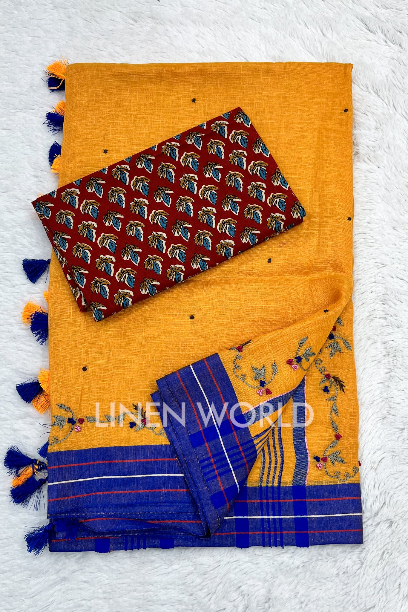 mehreen: yellow hand embroidered pure linen saree - linenworldonline.in