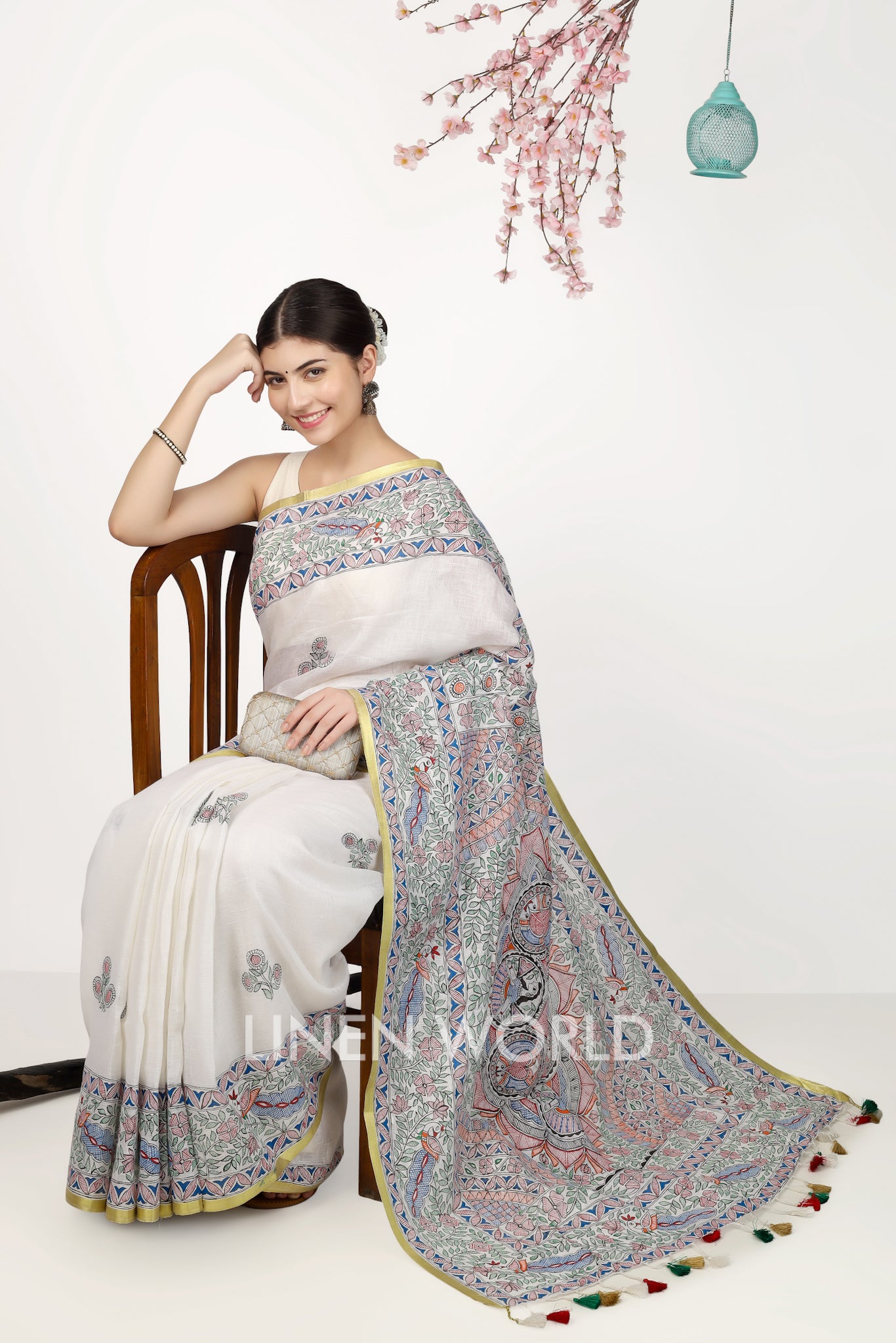 apsara - madhubani hand painted pure linen sari - linenworldonline.in