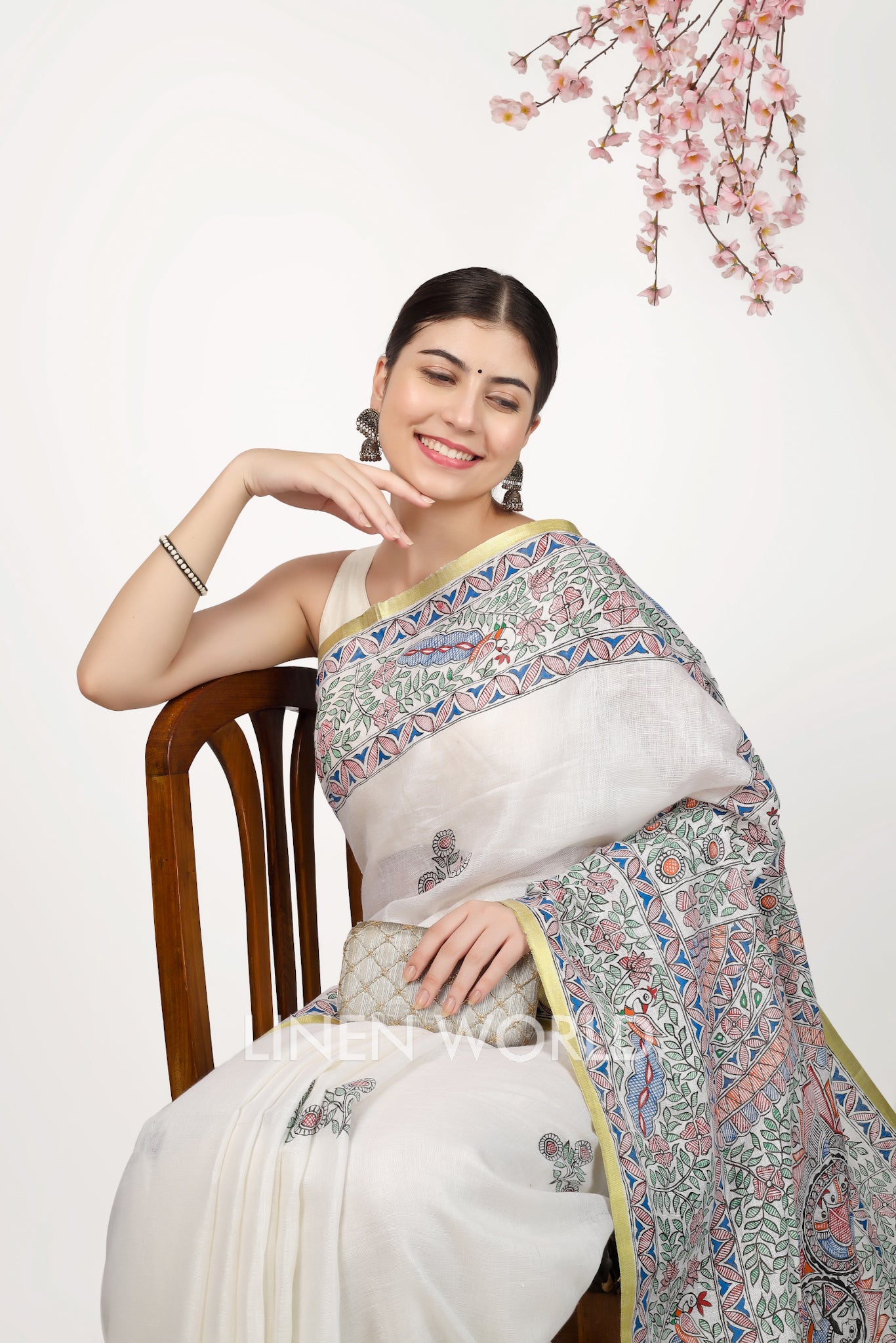 apsara - madhubani hand painted pure linen sari - linenworldonline.in