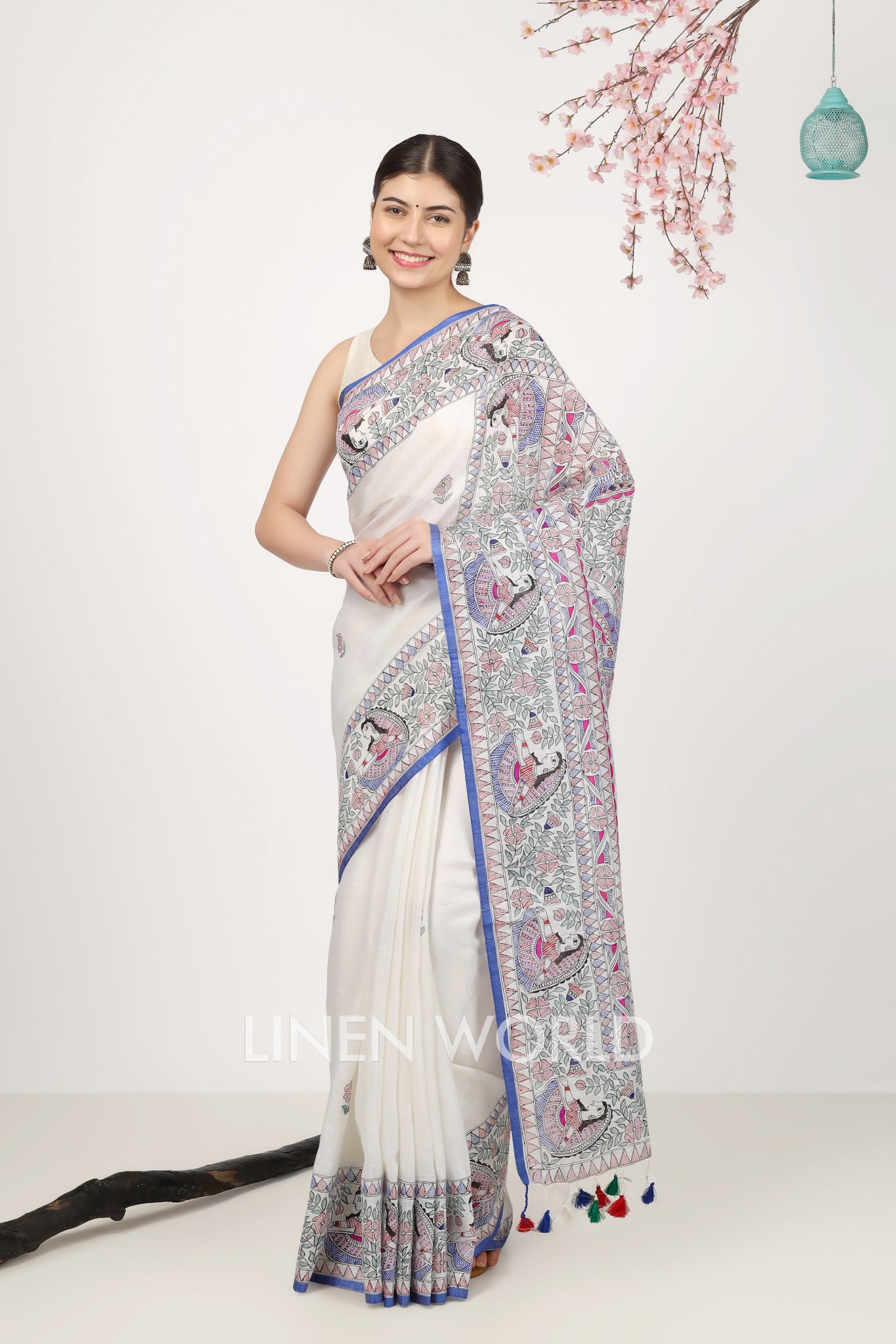 eshita - madhubani painted pure linen sari - linenworldonline.in