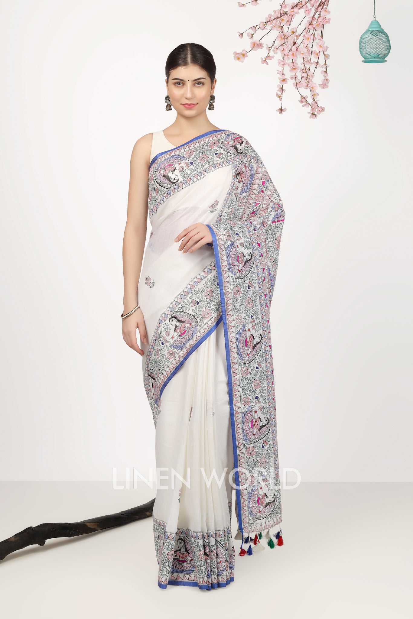 eshita - madhubani painted pure linen sari - linenworldonline.in