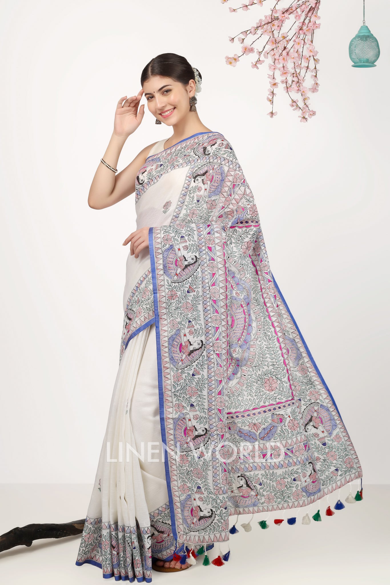 eshita - madhubani painted pure linen sari - linenworldonline.in
