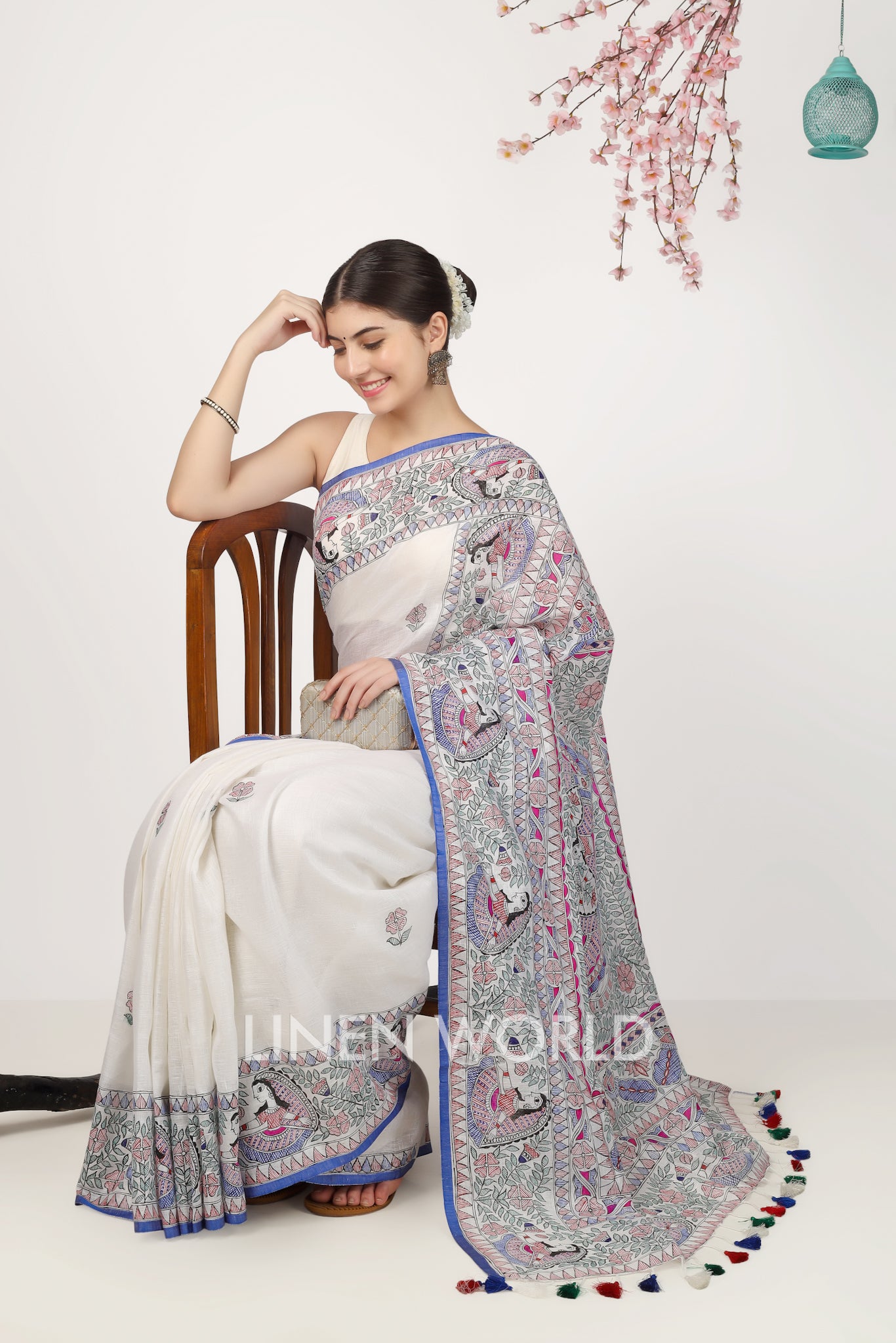 eshita - madhubani painted pure linen sari - linenworldonline.in