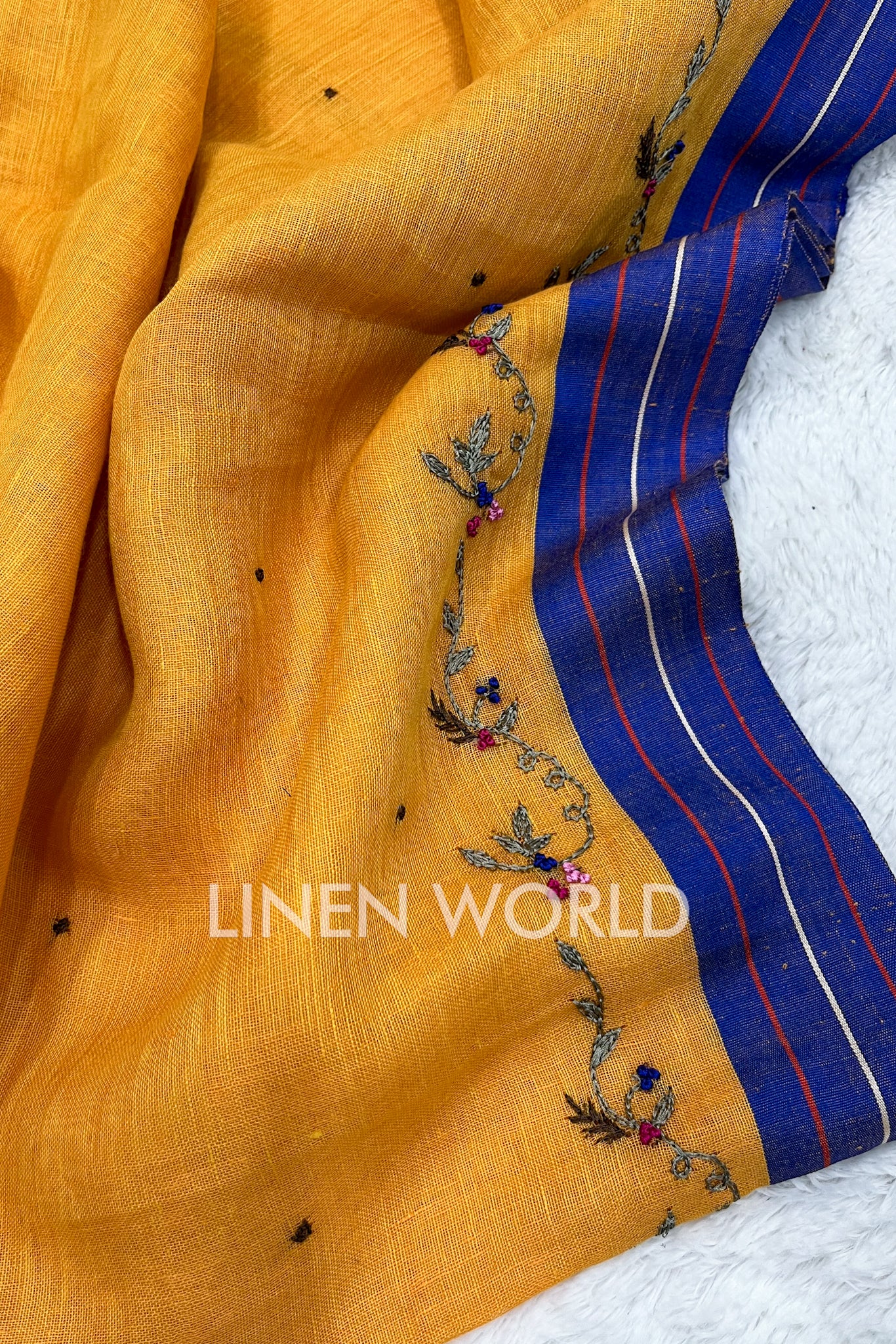 mehreen: yellow hand embroidered pure linen saree - linenworldonline.in