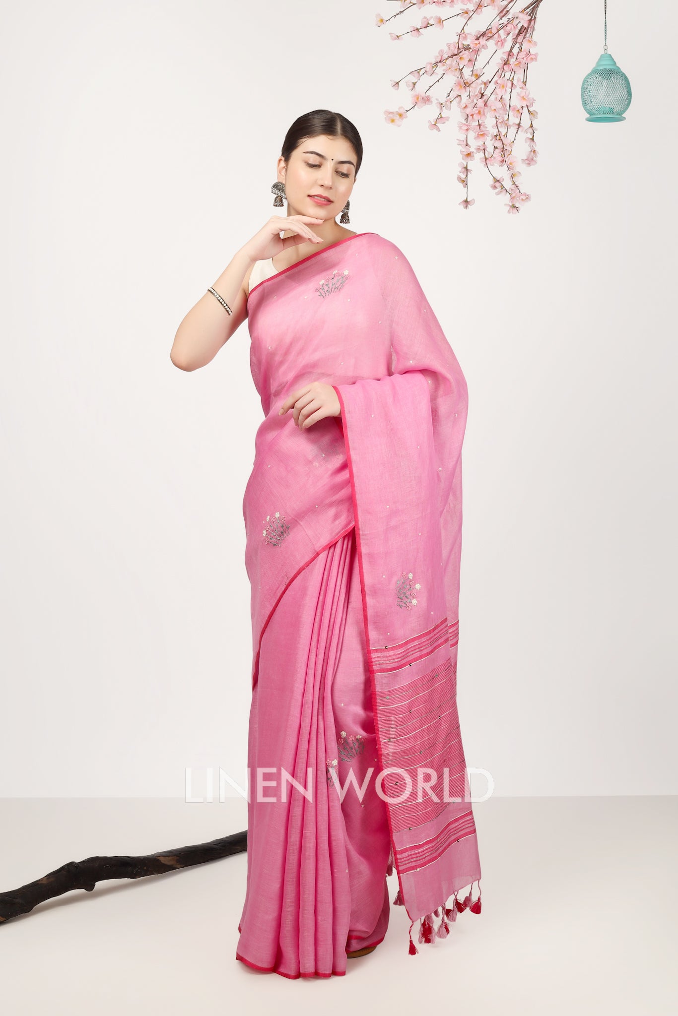 naisha - french knot hand embroidered pure linen sari - linenworldonline.in