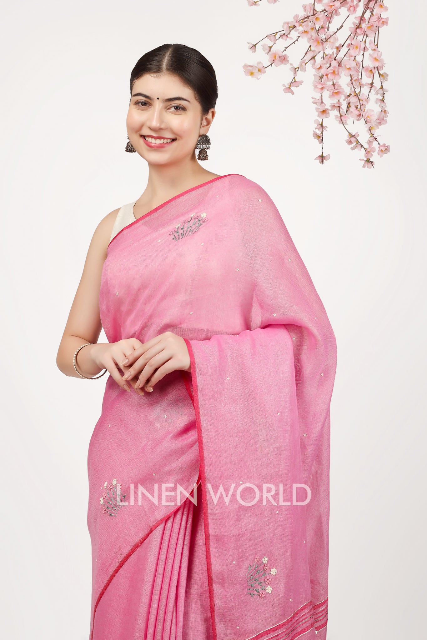 naisha - french knot hand embroidered pure linen sari - linenworldonline.in
