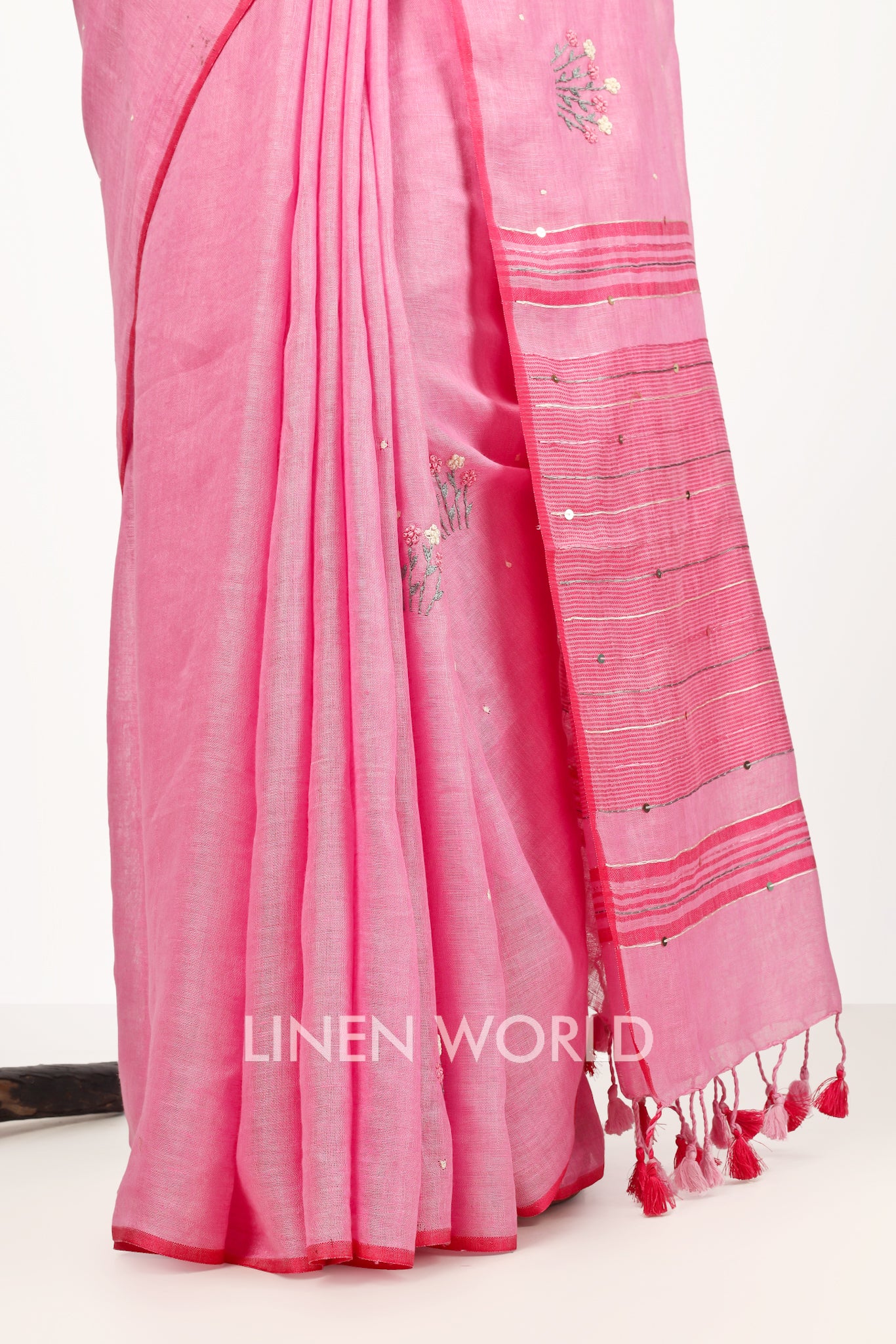 naisha - french knot hand embroidered pure linen sari - linenworldonline.in