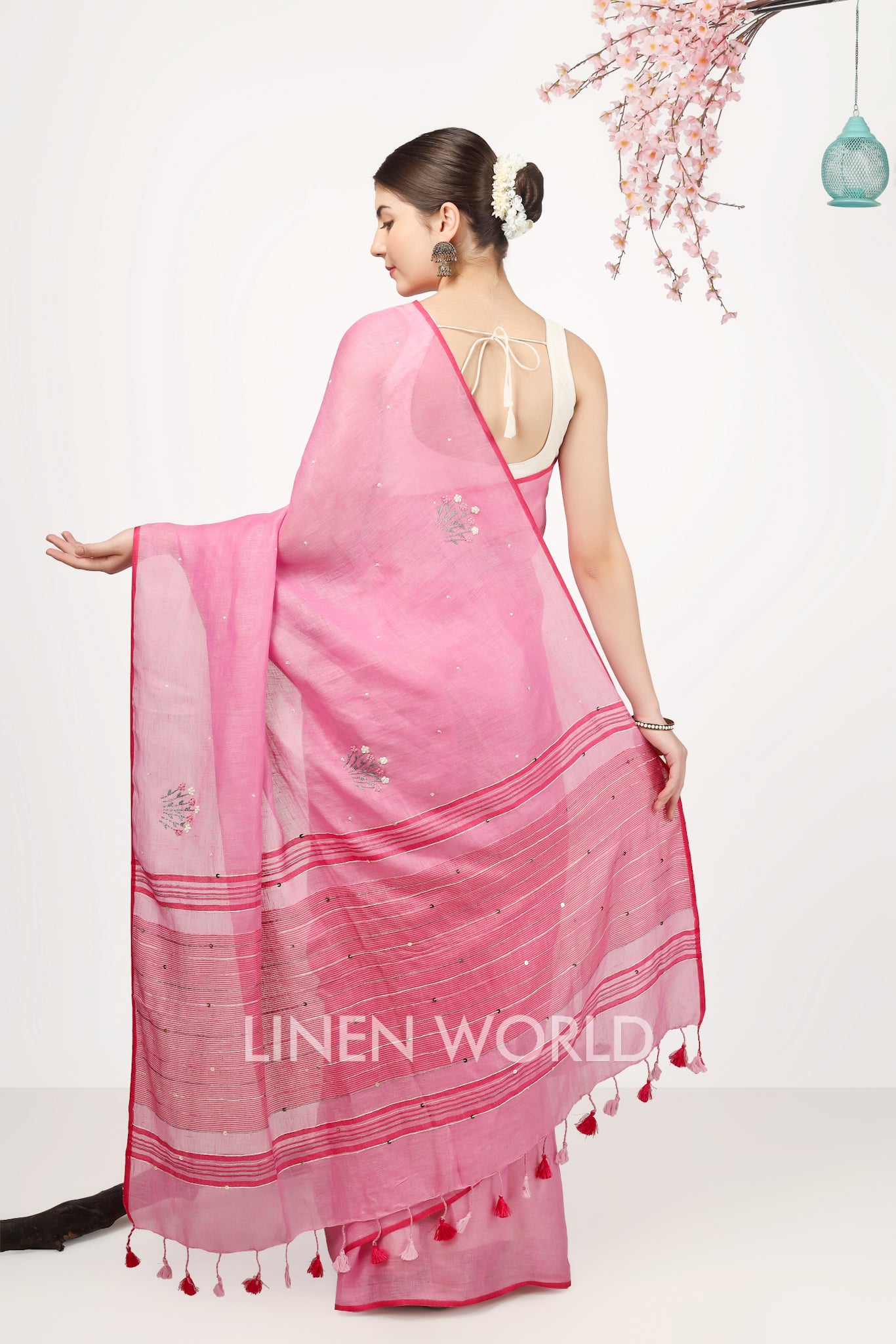naisha - french knot hand embroidered pure linen sari - linenworldonline.in