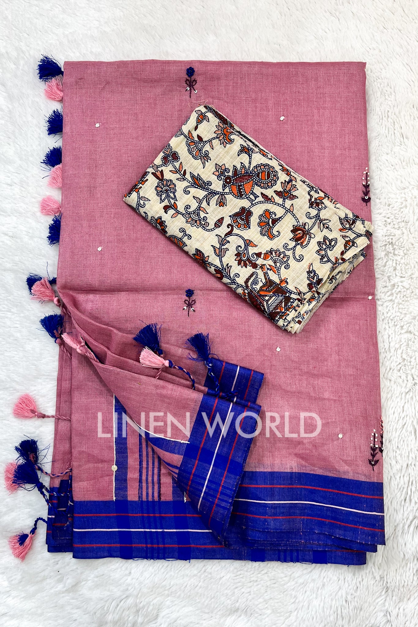 aafreen: french knot embroidered pink linen saree - linenworldonline.in