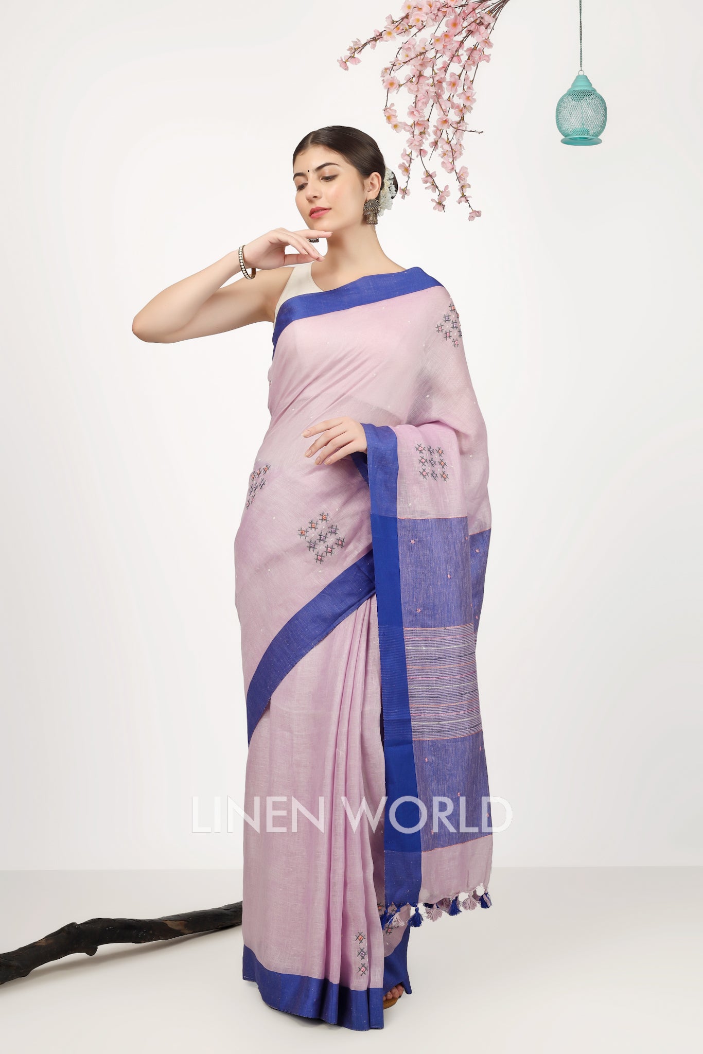 inaya - french knot pink pure linen sari - linenworldonline.in