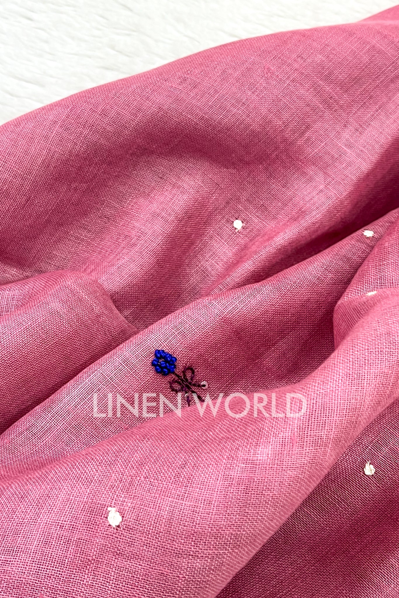 aafreen: french knot embroidered pink linen saree - linenworldonline.in