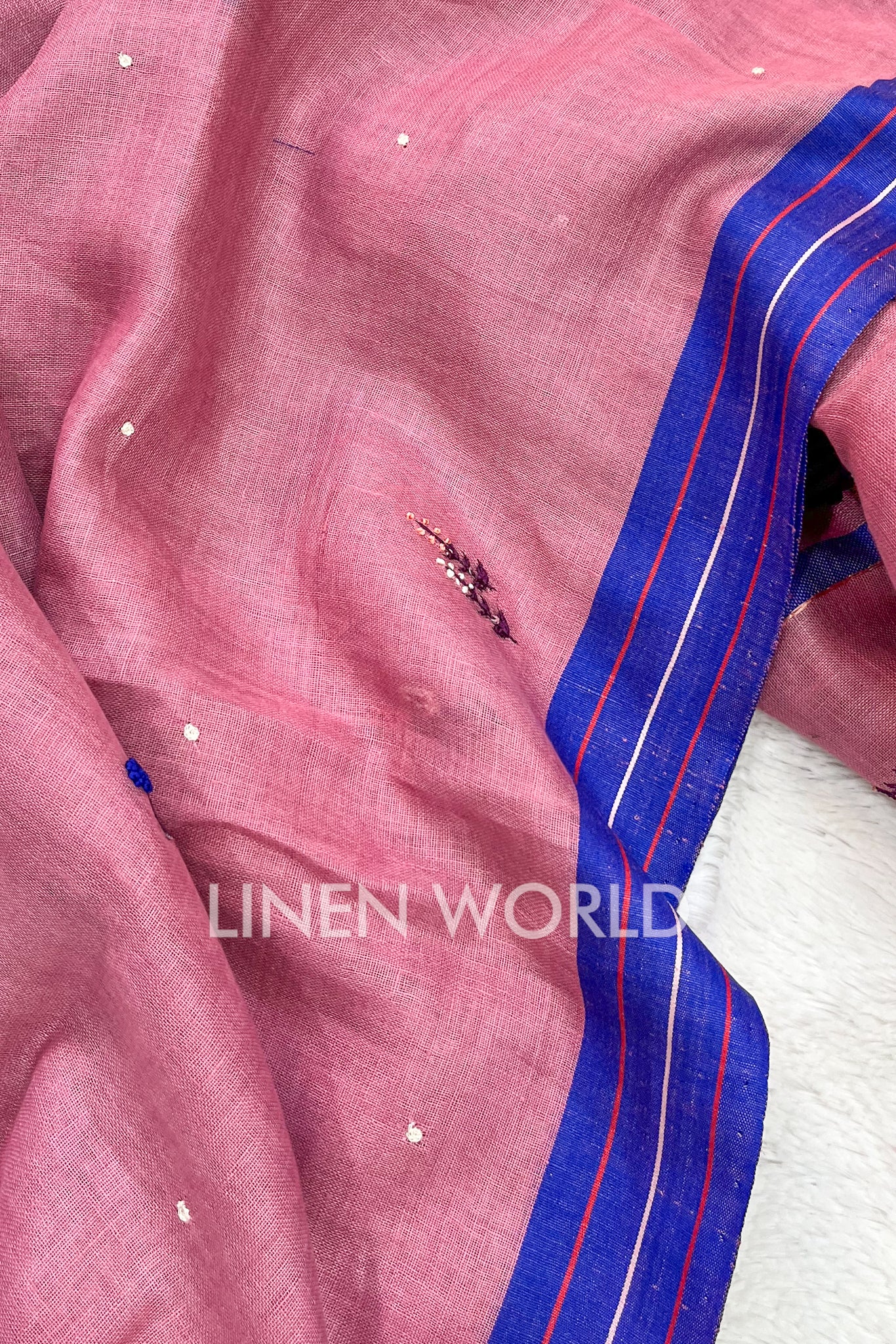 aafreen: french knot embroidered pink linen saree - linenworldonline.in