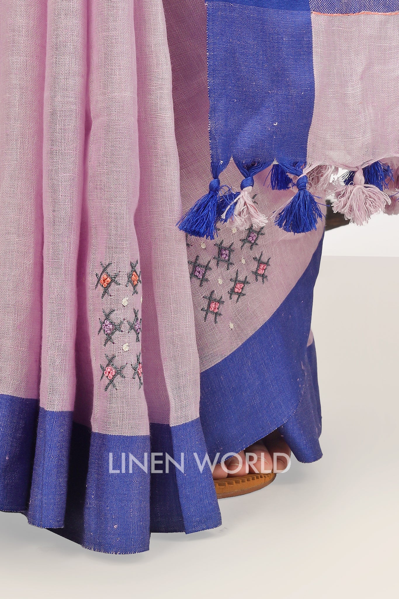 inaya - french knot pink pure linen sari - linenworldonline.in