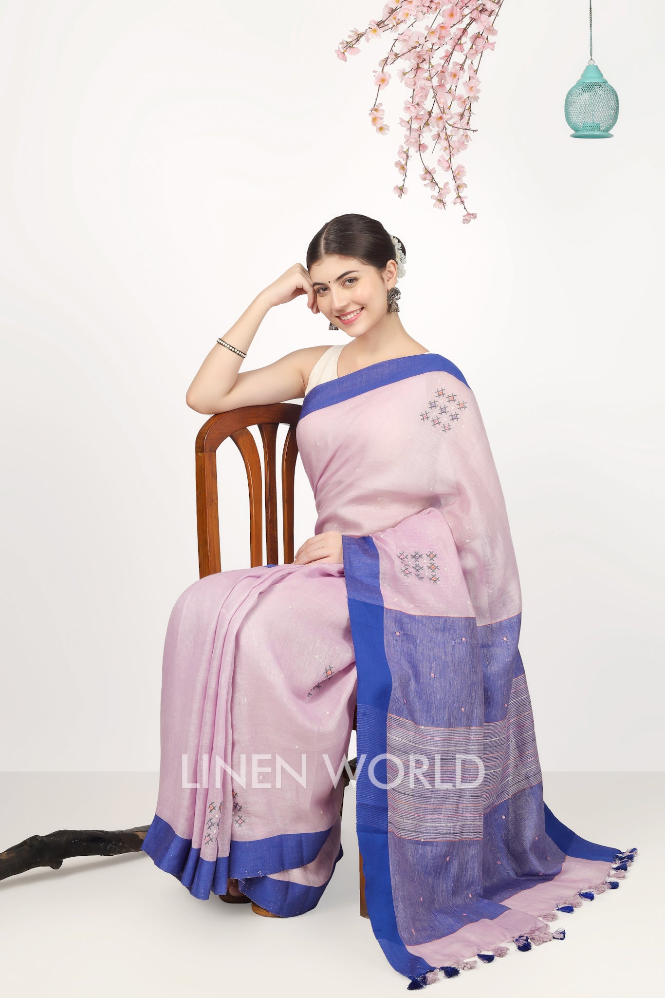 inaya - french knot pink pure linen sari - linenworldonline.in