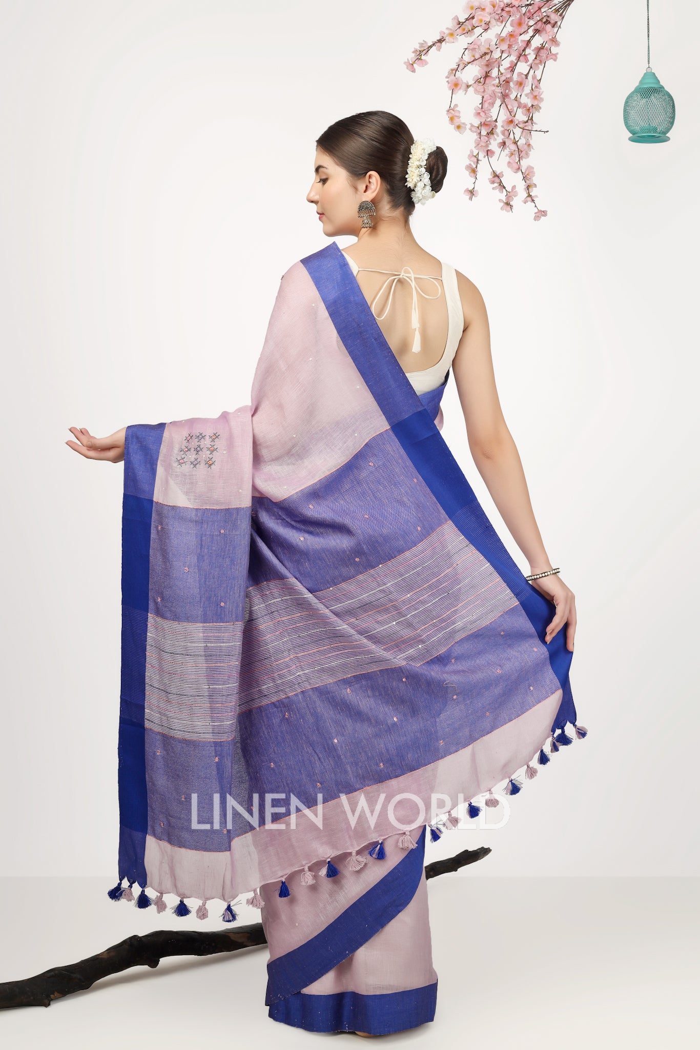 inaya - french knot pink pure linen sari - linenworldonline.in