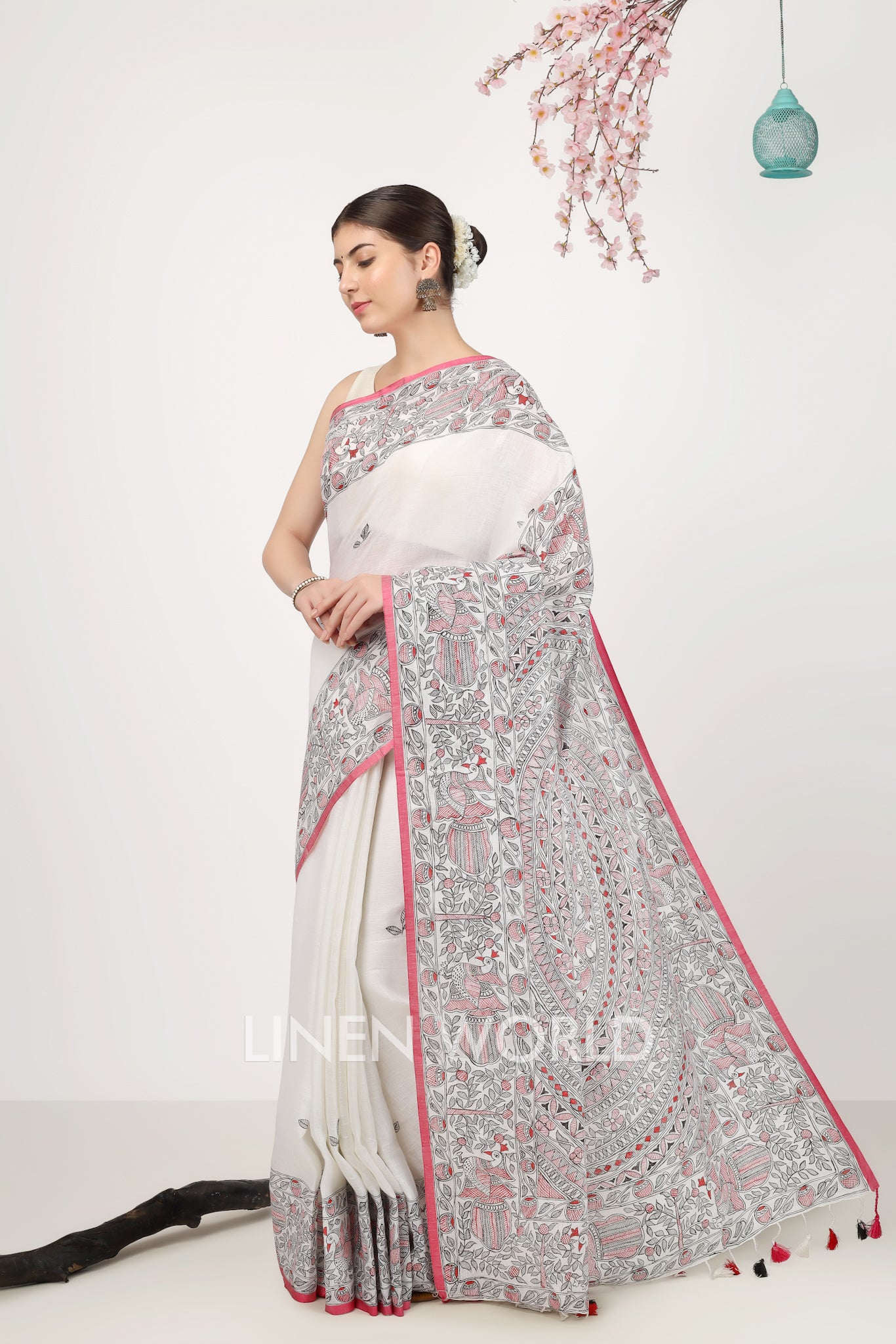 leela - madhubani hand painted pure linen sari - linenworldonline.in
