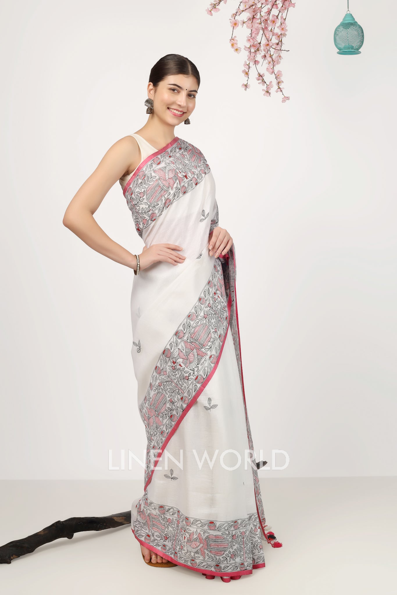 leela - madhubani hand painted pure linen sari - linenworldonline.in
