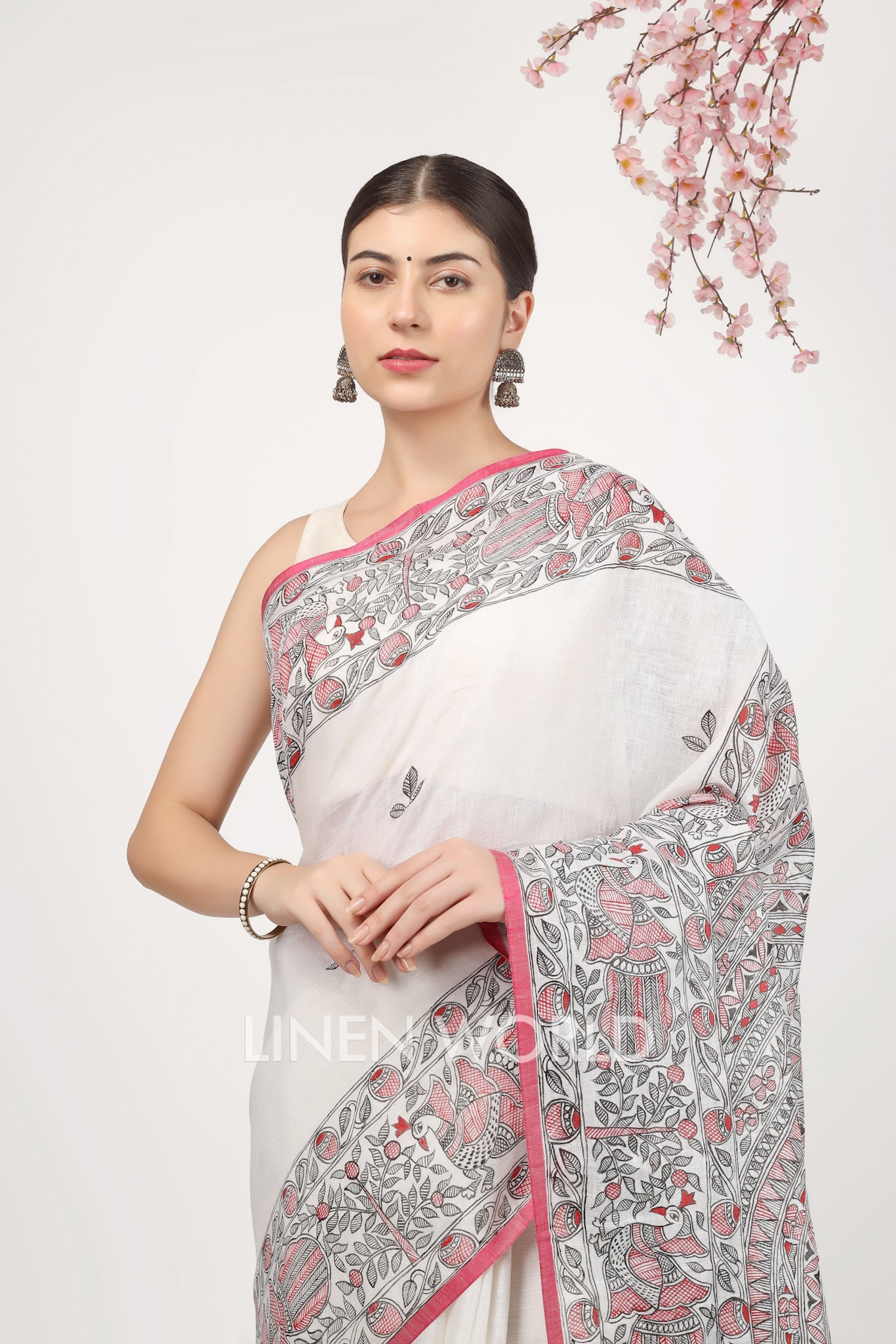 leela - madhubani hand painted pure linen sari - linenworldonline.in