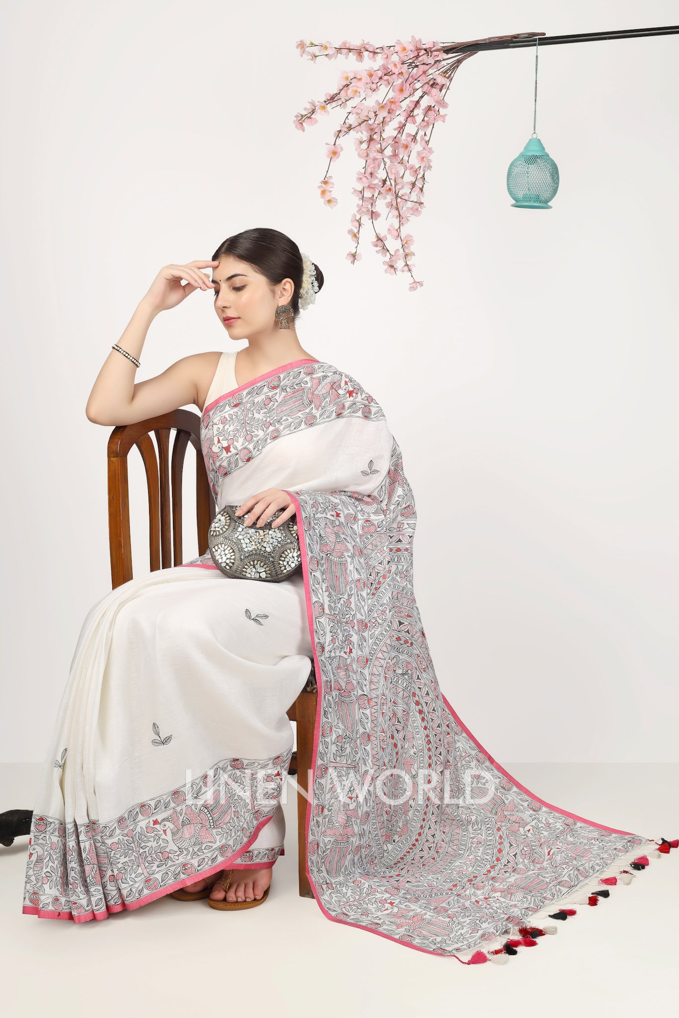 leela - madhubani hand painted pure linen sari - linenworldonline.in