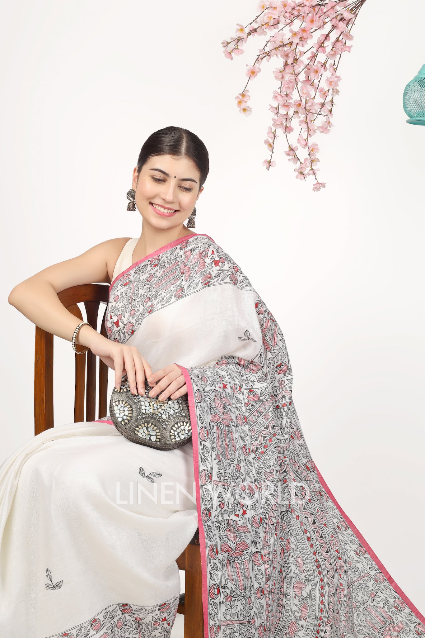 leela - madhubani hand painted pure linen sari - linenworldonline.in