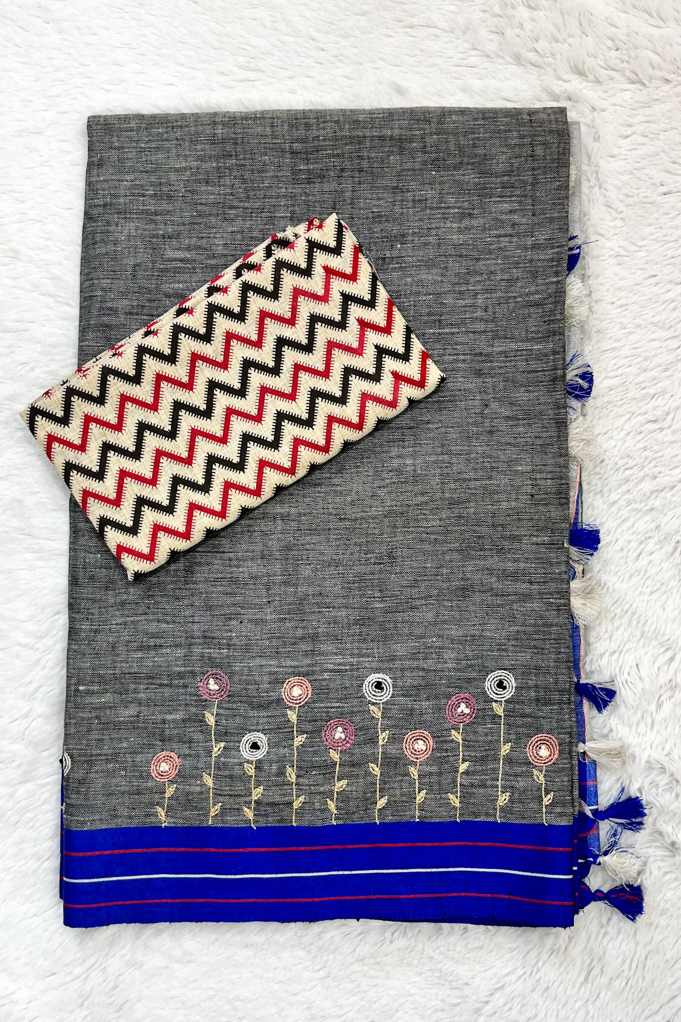 zareen: grey french knot hand embroidered pure linen saree - linenworldonline.in