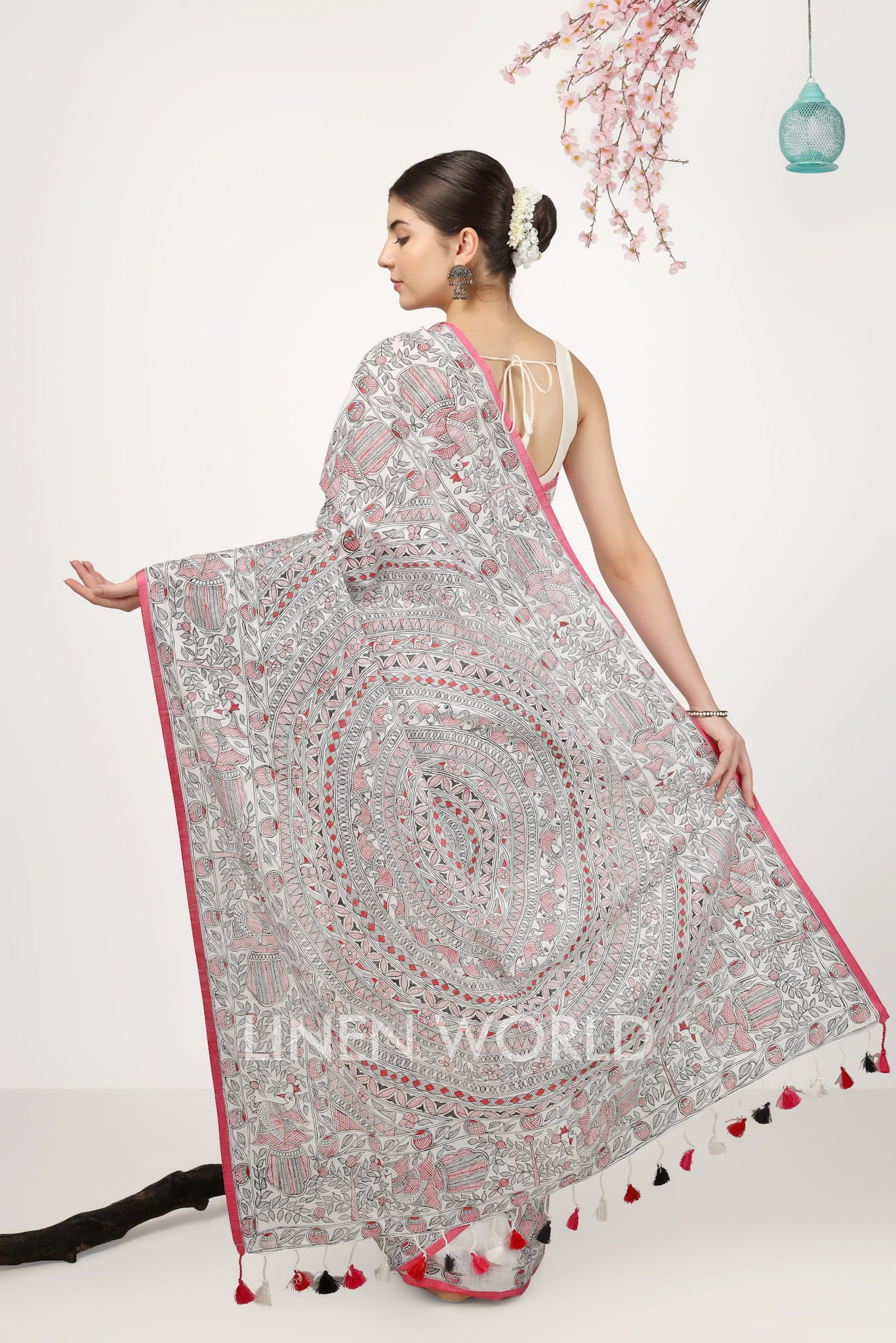 leela - madhubani hand painted pure linen sari - linenworldonline.in
