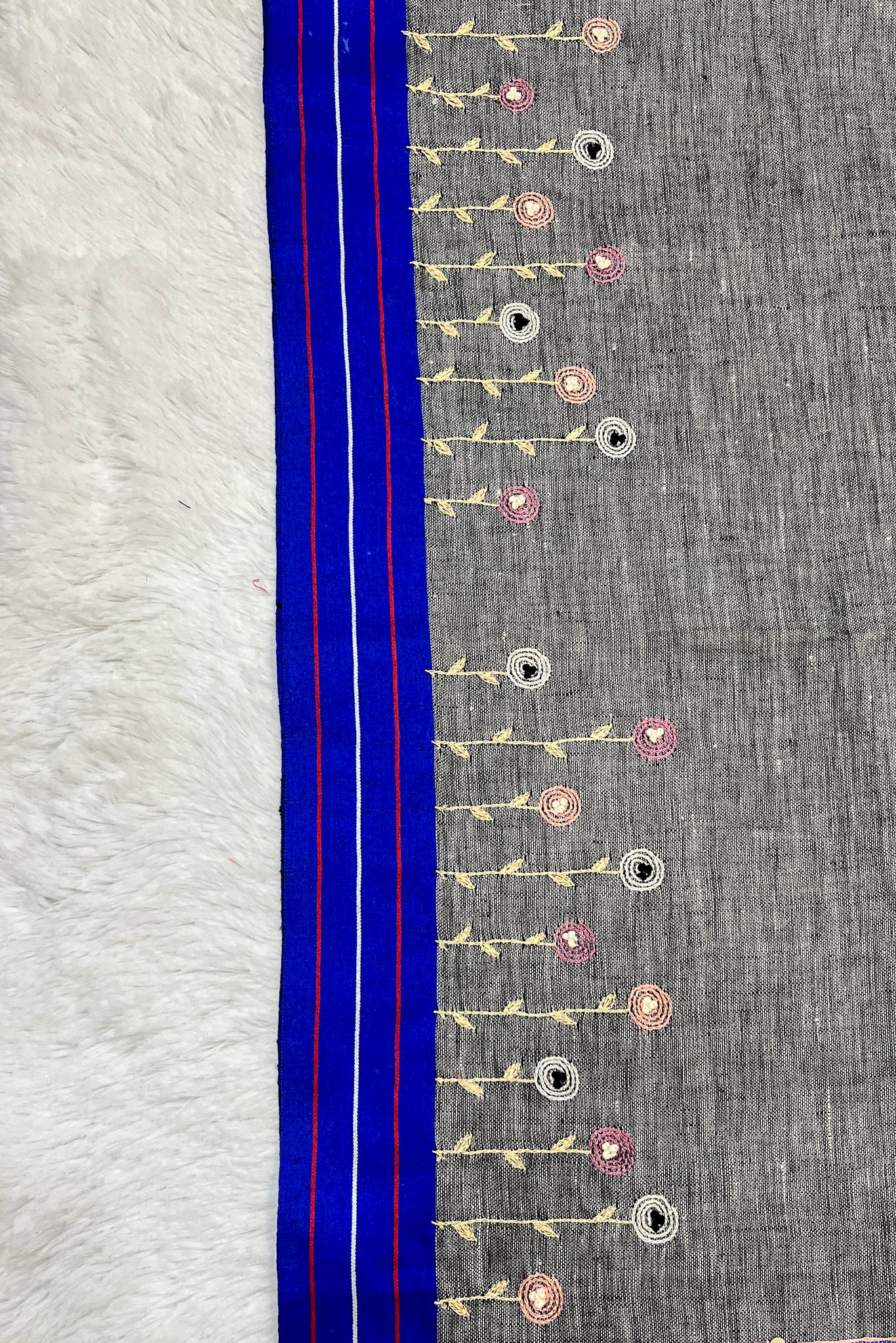 zareen: grey french knot hand embroidered pure linen saree - linenworldonline.in
