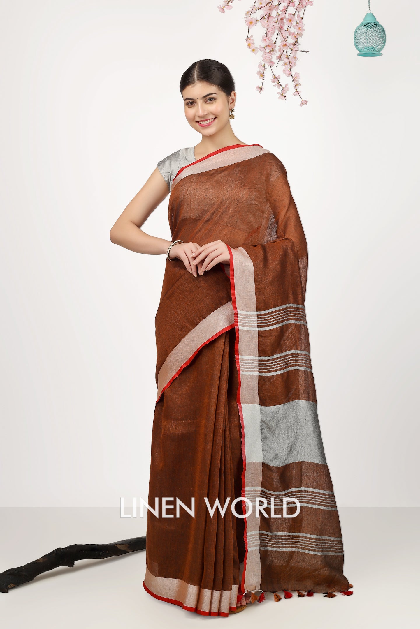 dhara - brown organic pure linen saree - linenworldonline.in