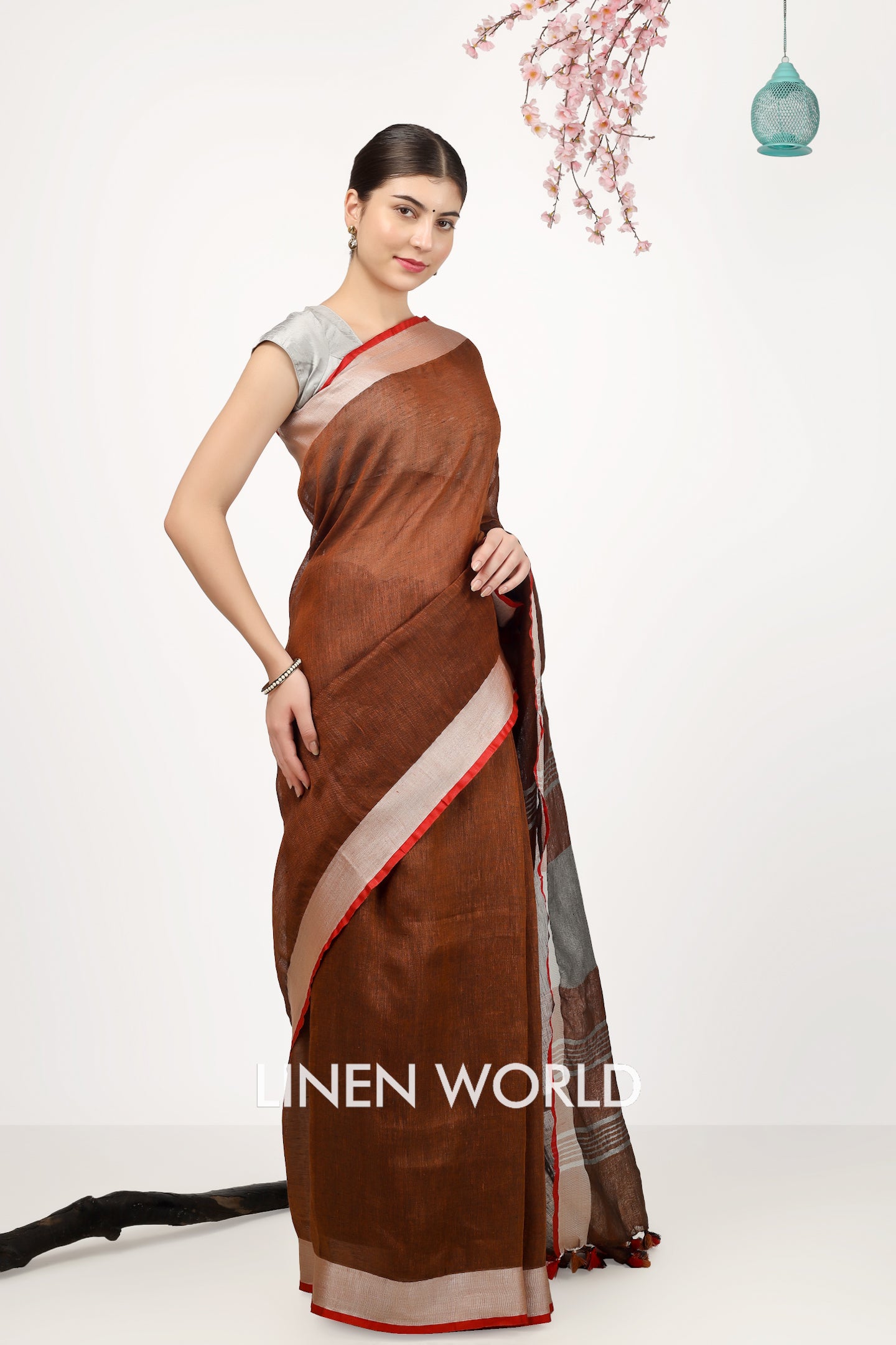 dhara - brown organic pure linen saree - linenworldonline.in