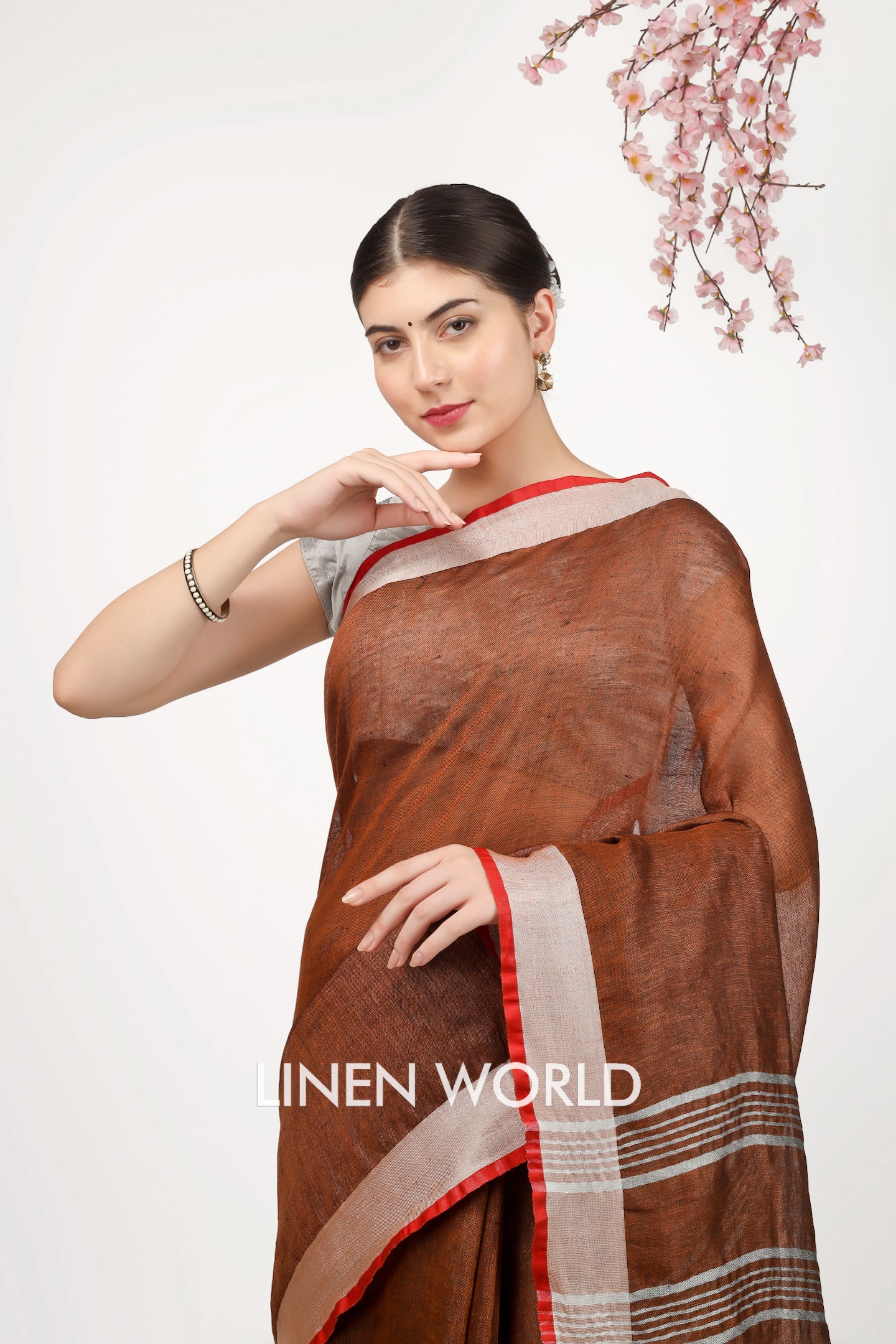 dhara - brown organic pure linen saree - linenworldonline.in