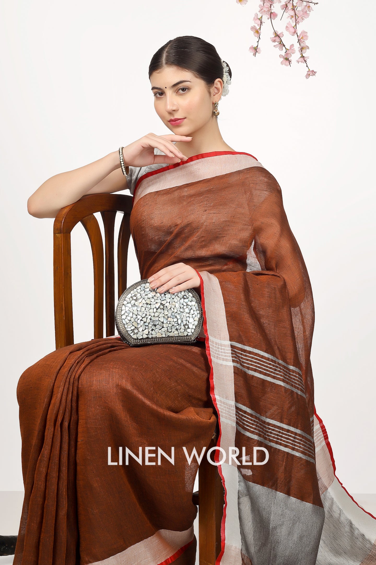 dhara - brown organic pure linen saree - linenworldonline.in