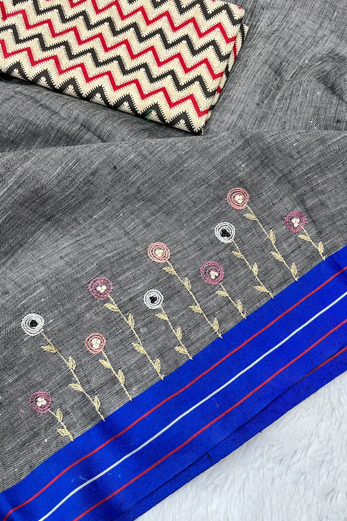 zareen: grey french knot hand embroidered pure linen saree - linenworldonline.in