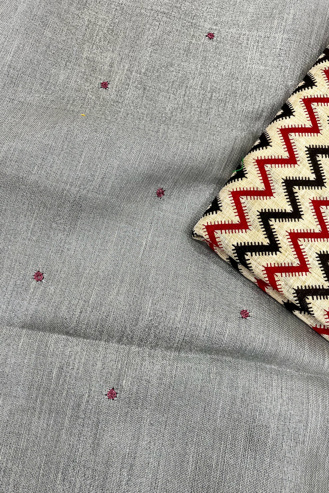 zareen: grey french knot hand embroidered pure linen saree - linenworldonline.in