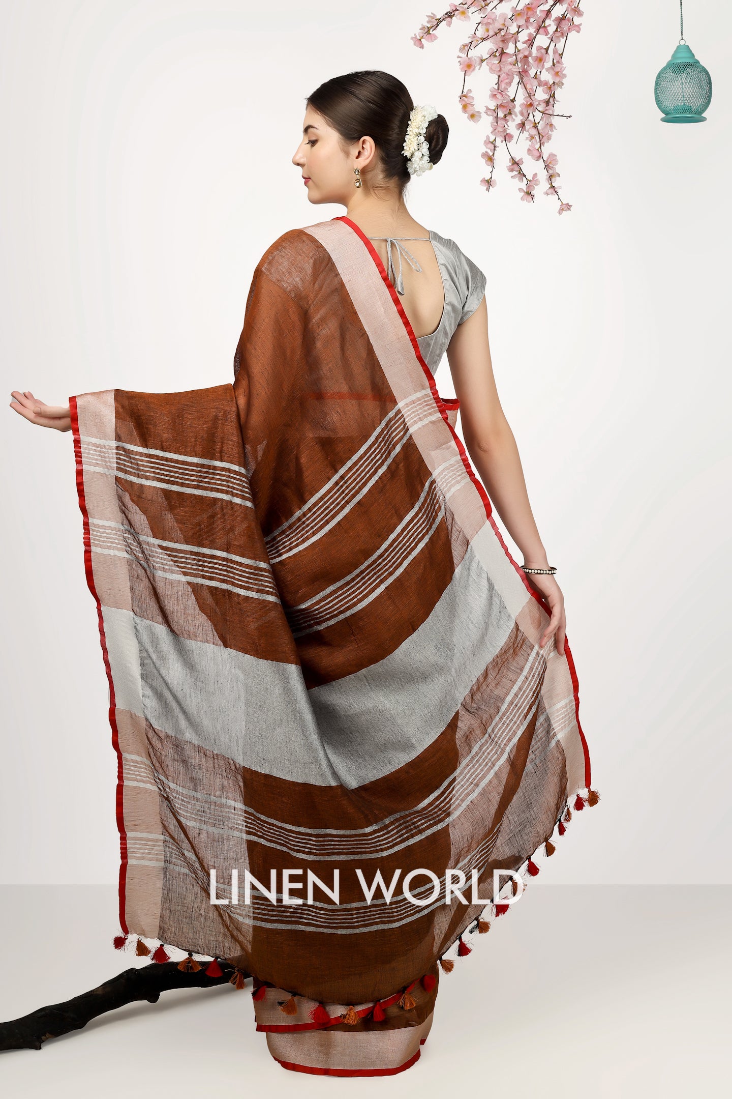 dhara - brown organic pure linen saree - linenworldonline.in
