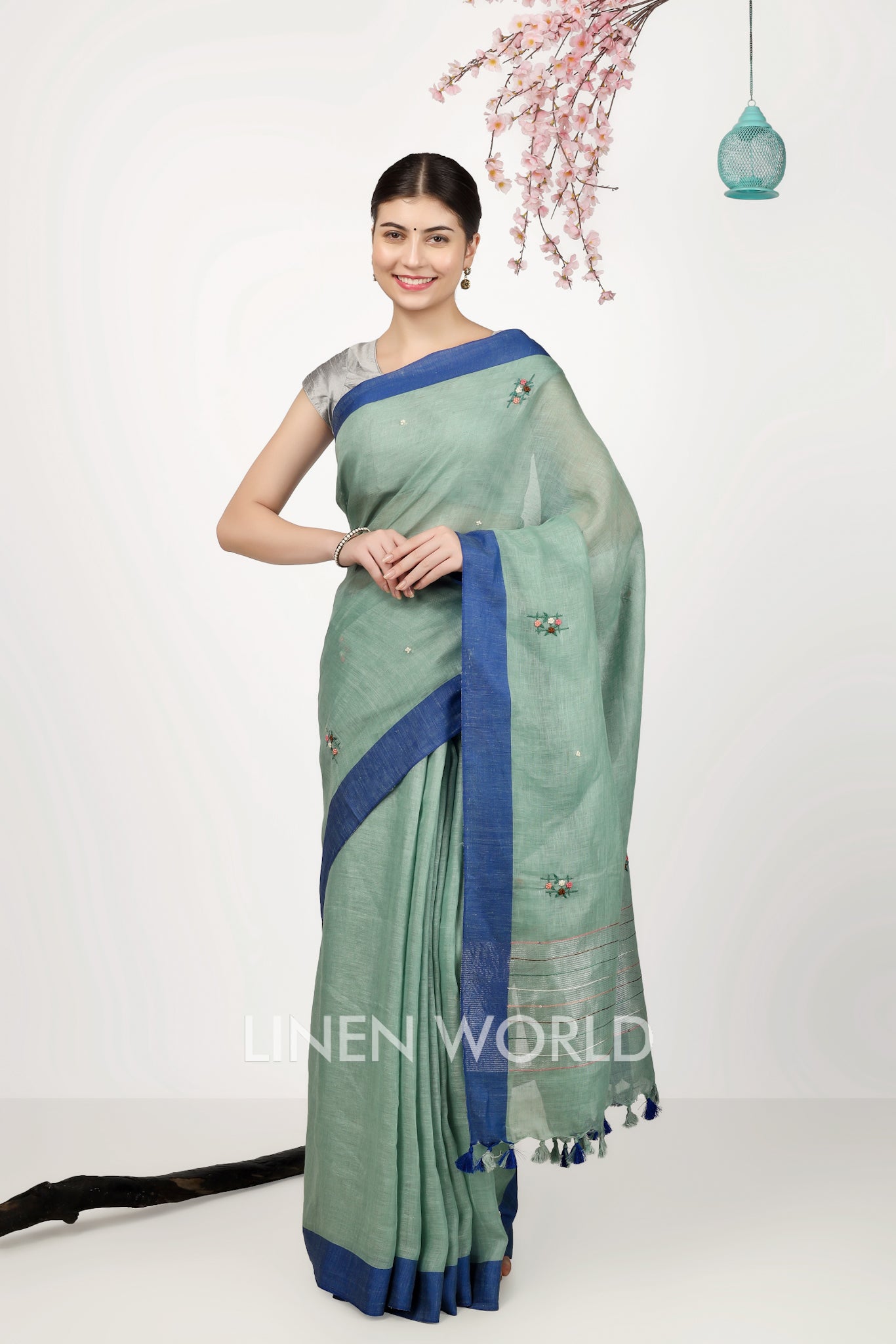aisha - french knot spanish green pure linen sari - linenworldonline.in