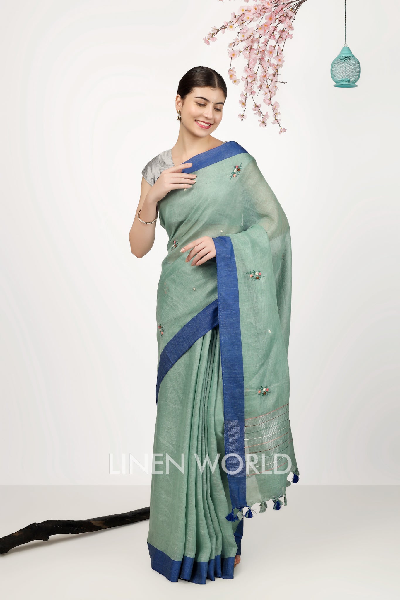 aisha - french knot spanish green pure linen sari - linenworldonline.in