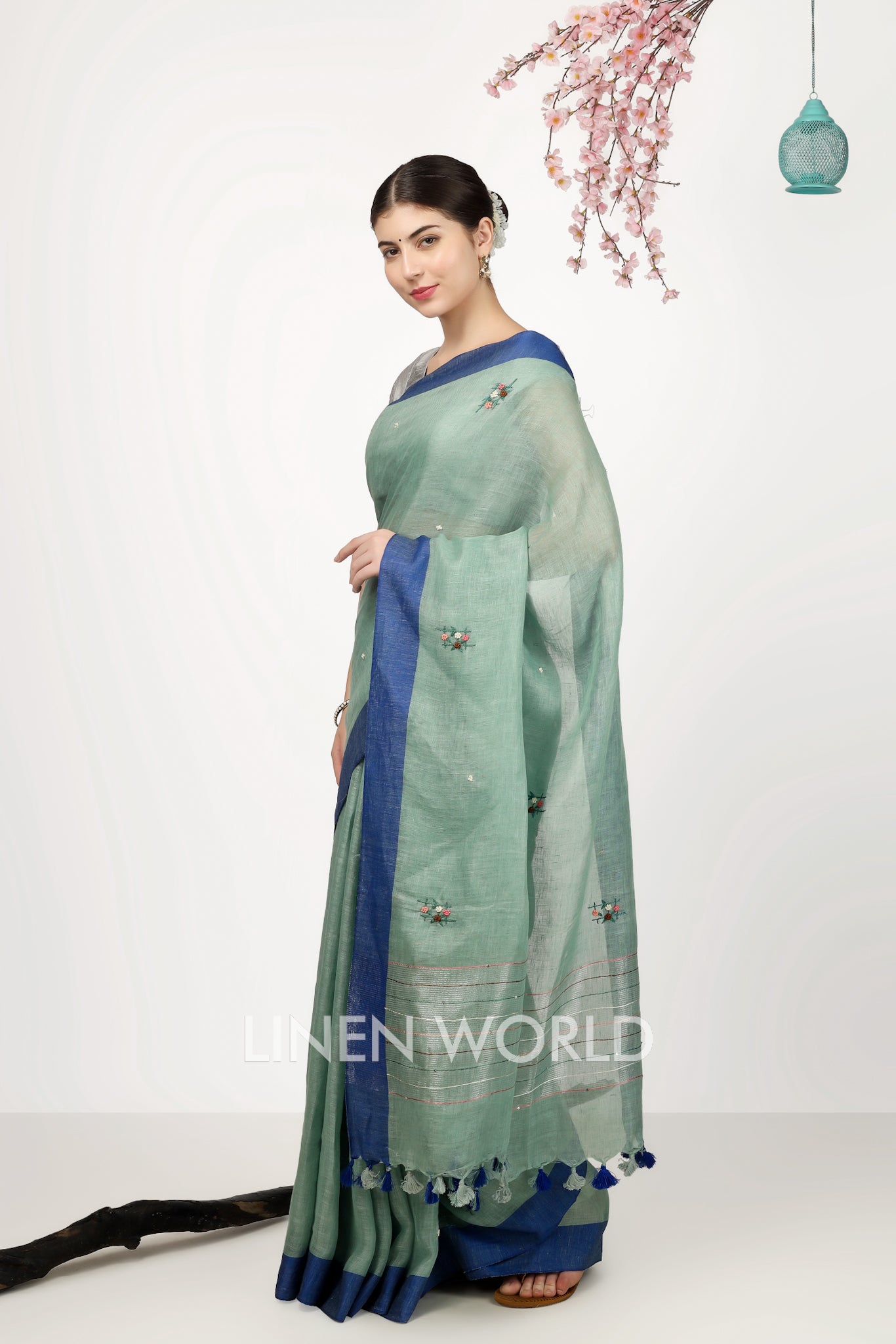 aisha - french knot spanish green pure linen sari - linenworldonline.in