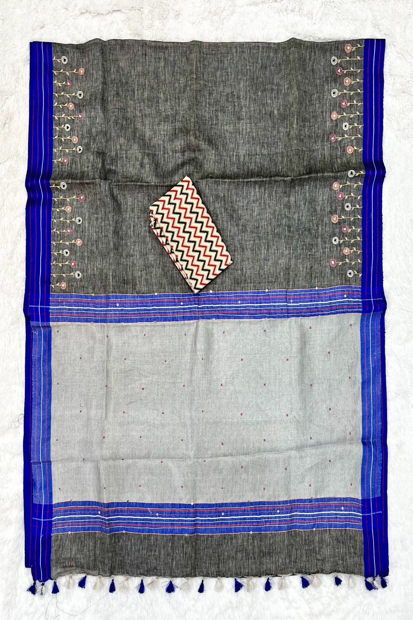 zareen: grey french knot hand embroidered pure linen saree - linenworldonline.in
