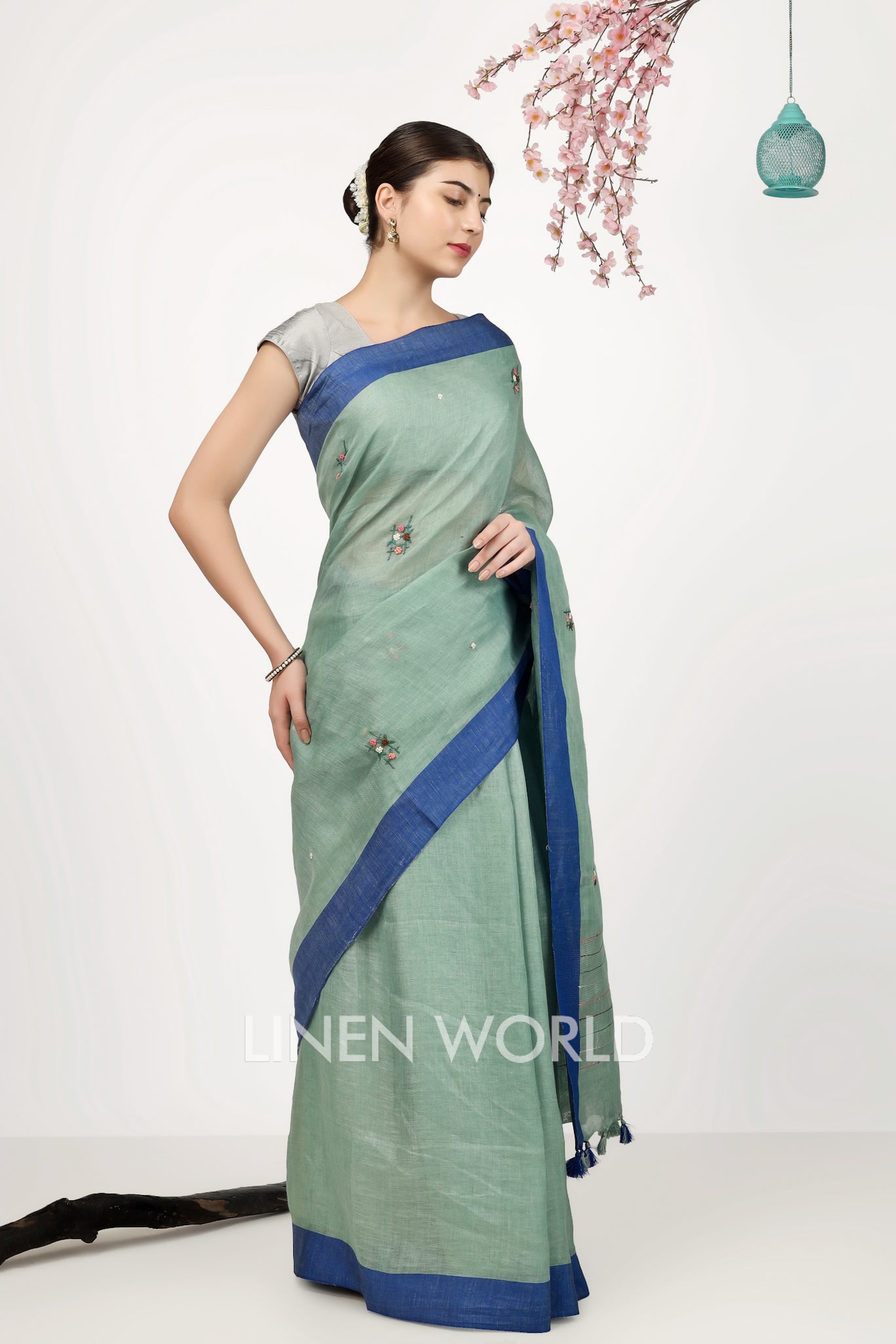 aisha - french knot spanish green pure linen sari - linenworldonline.in