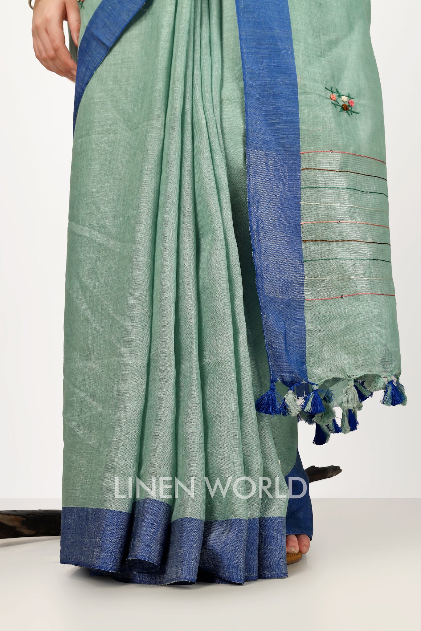aisha - french knot spanish green pure linen sari - linenworldonline.in