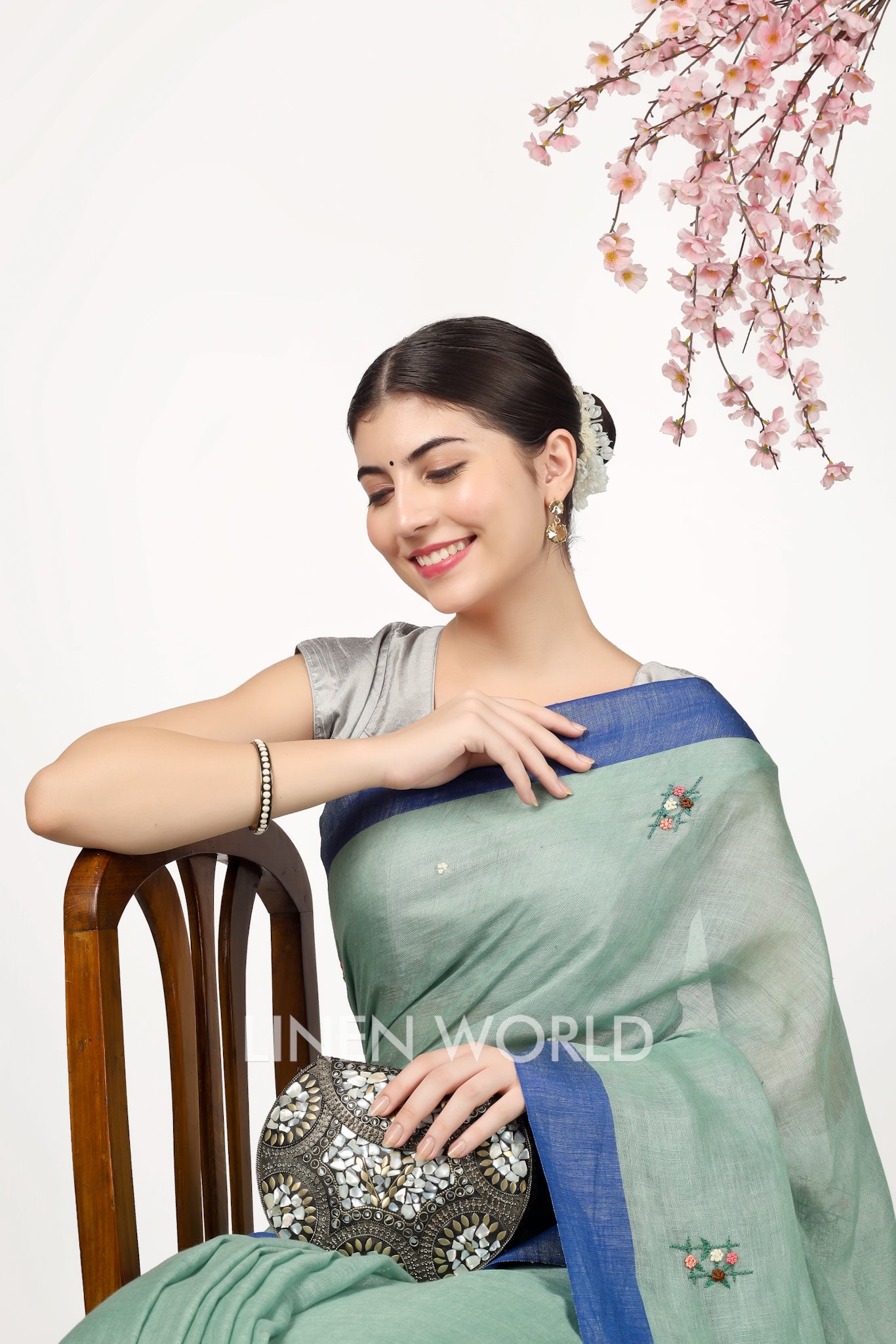 aisha - french knot spanish green pure linen sari - linenworldonline.in