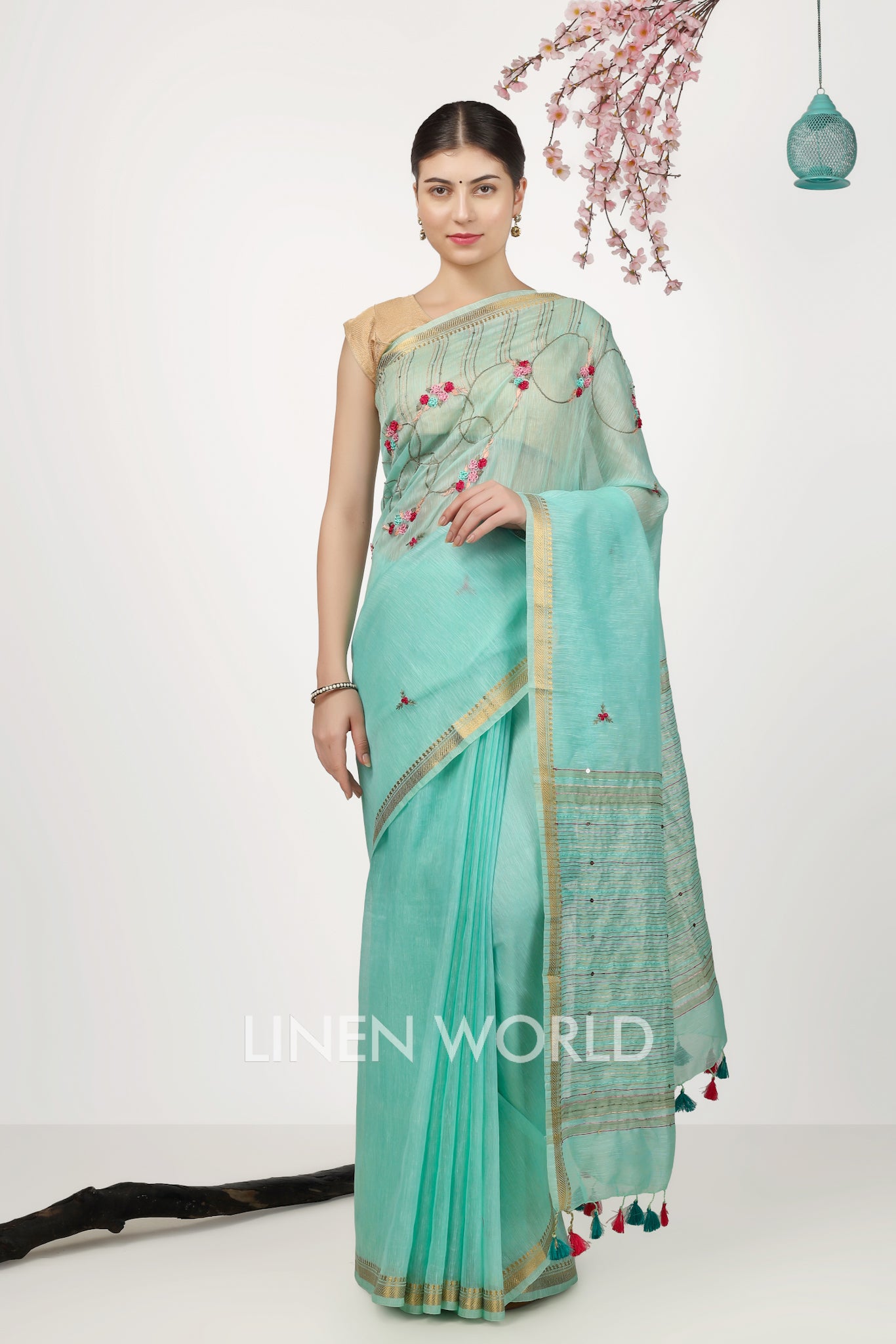 sara - french knot turquoise silk linen sari - linenworldonline.in