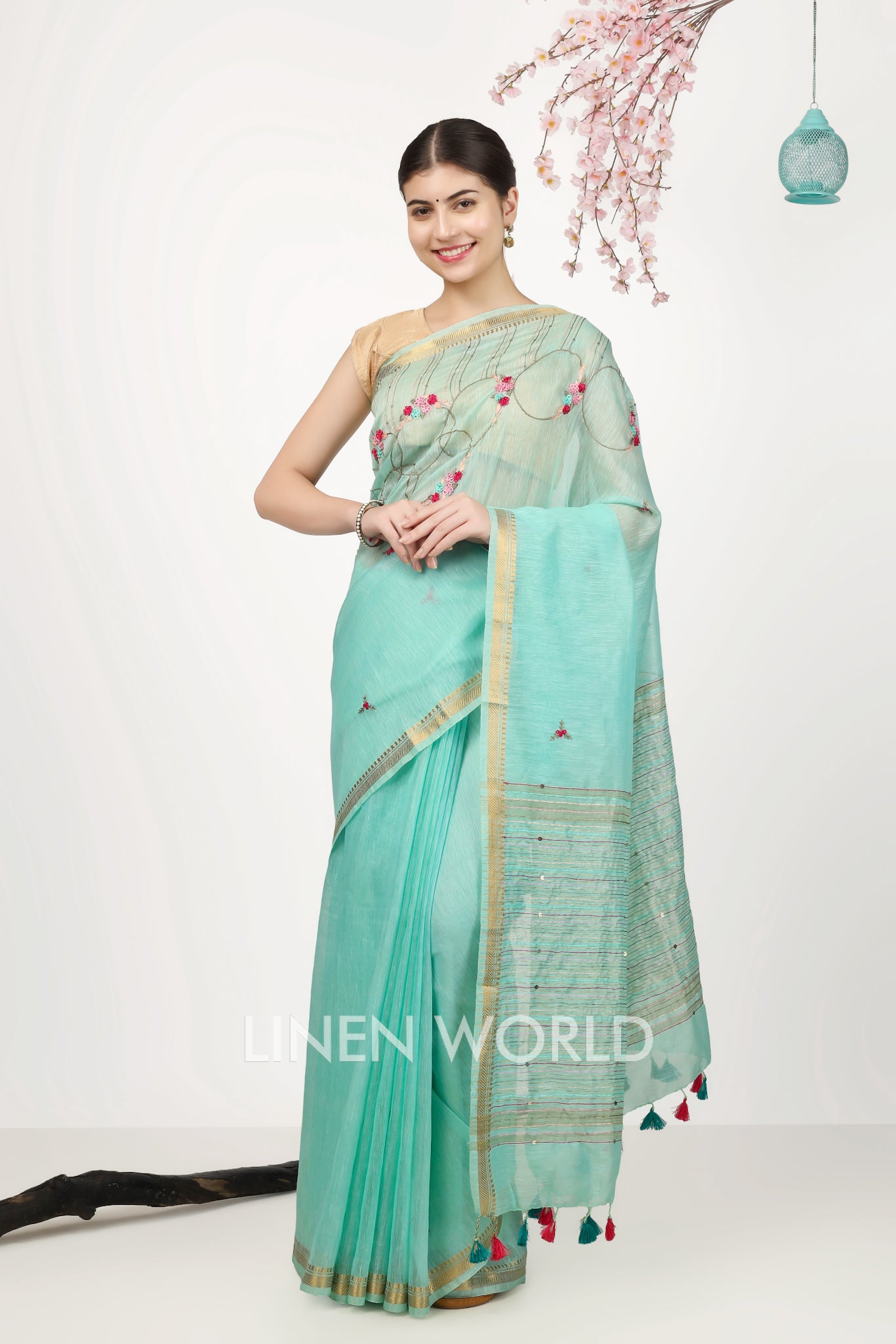 sara - french knot turquoise silk linen sari - linenworldonline.in