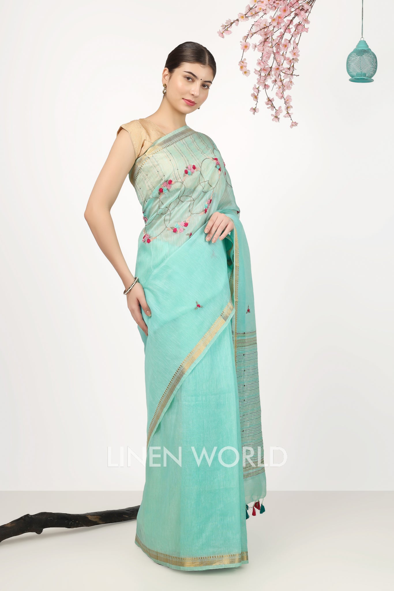 sara - french knot turquoise silk linen sari - linenworldonline.in