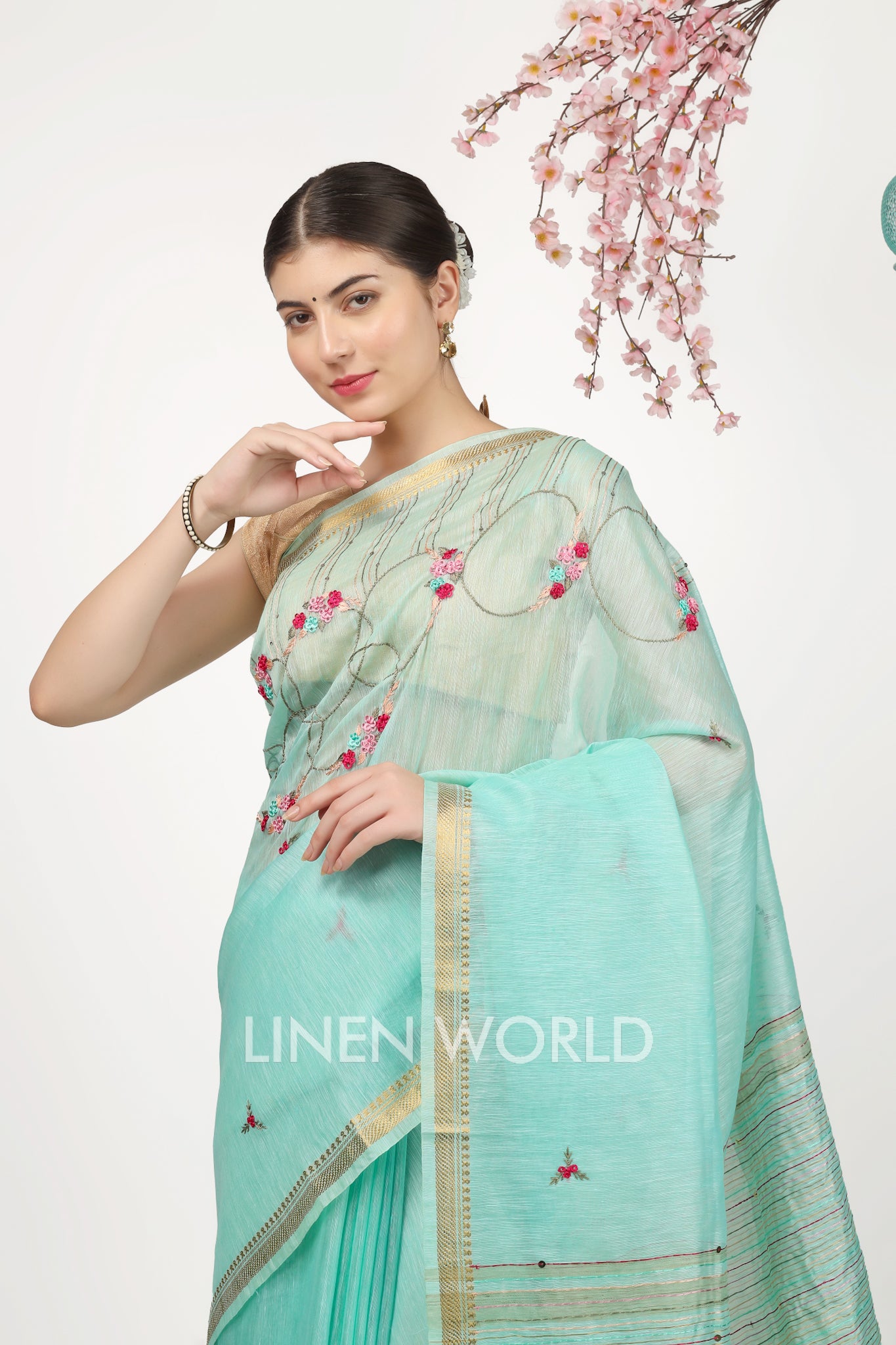 sara - french knot turquoise silk linen sari - linenworldonline.in
