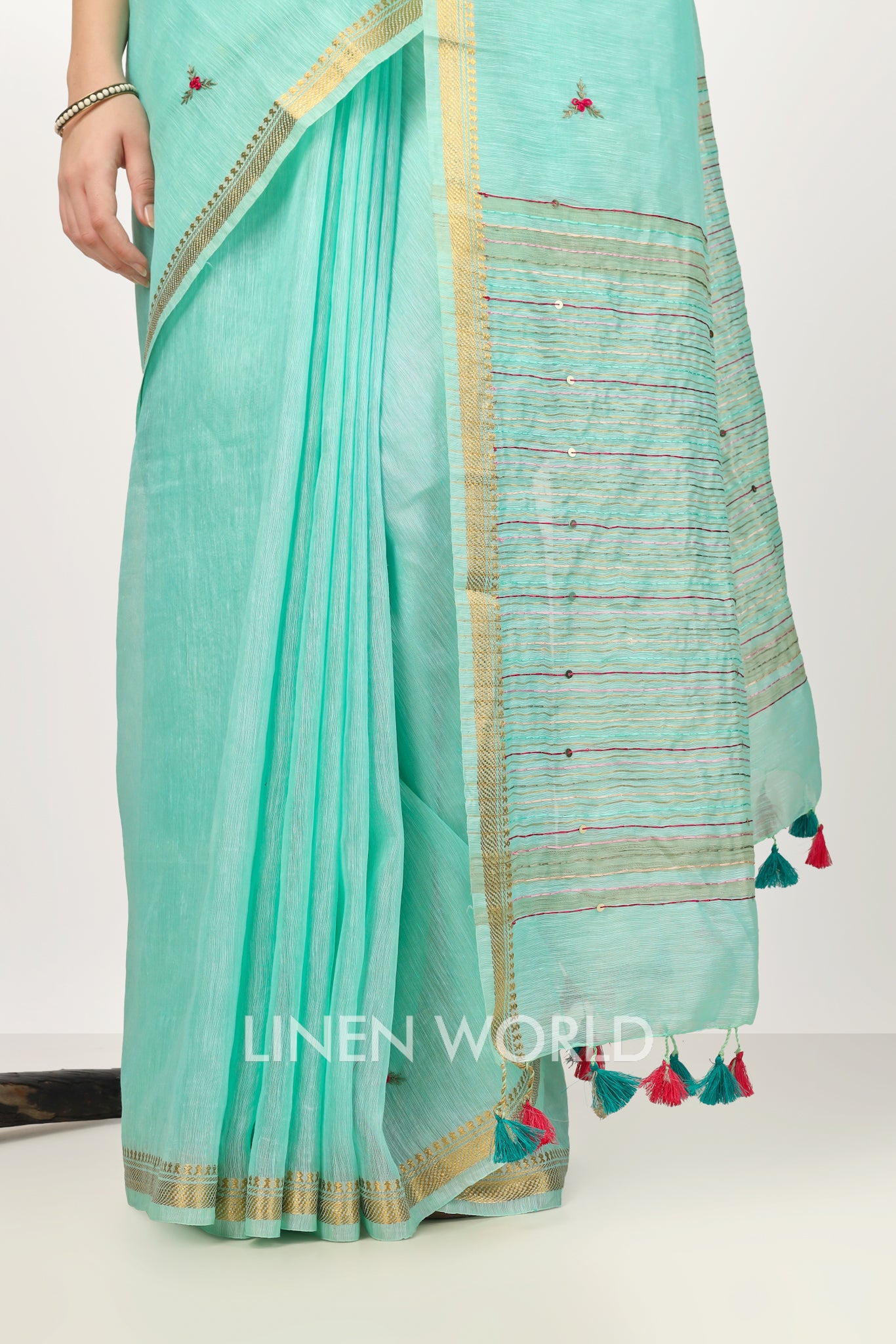 sara - french knot turquoise silk linen sari - linenworldonline.in