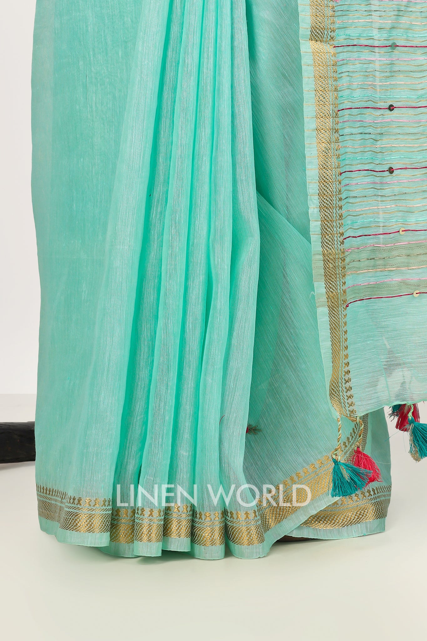 sara - french knot turquoise silk linen sari - linenworldonline.in