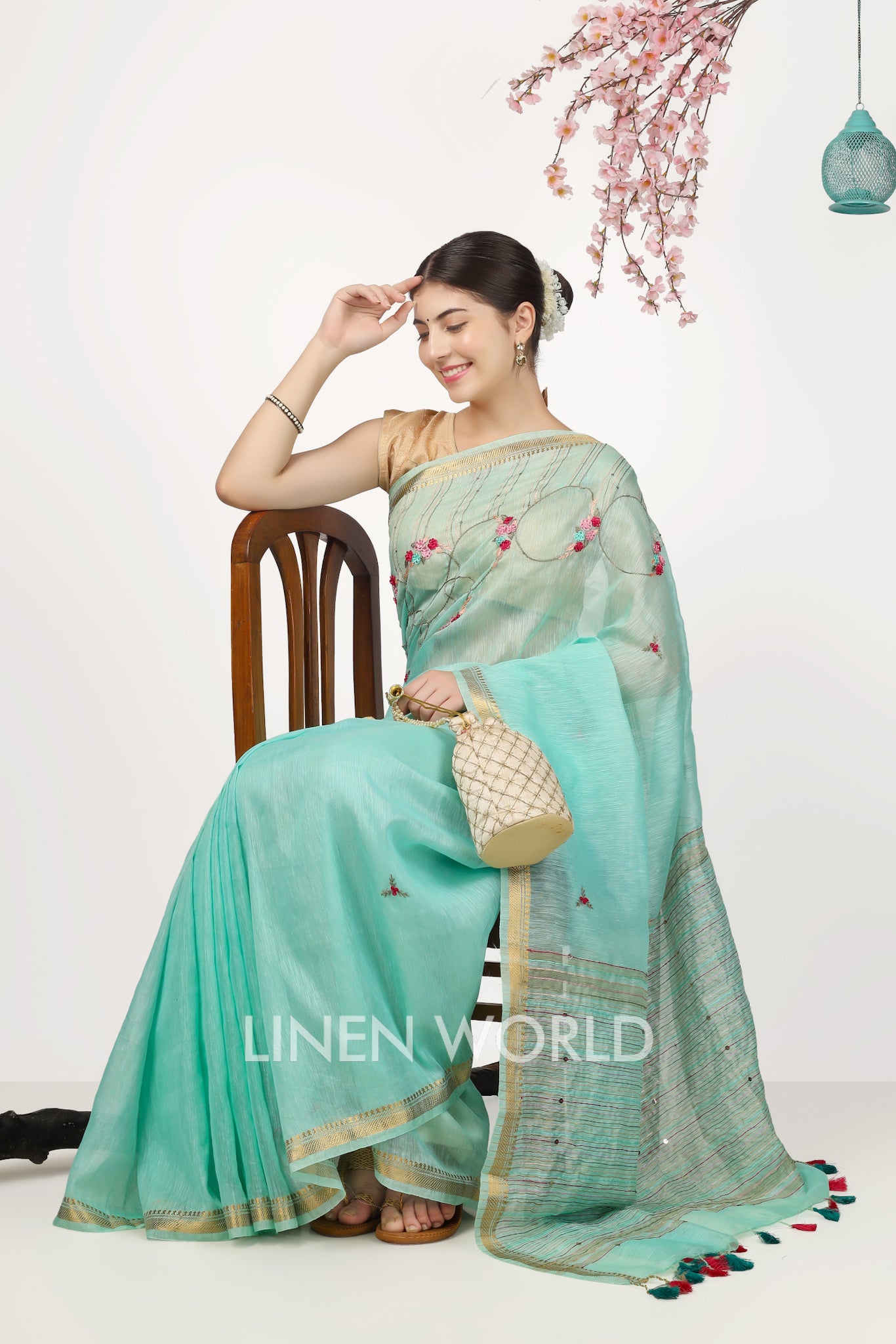 sara - french knot turquoise silk linen sari - linenworldonline.in