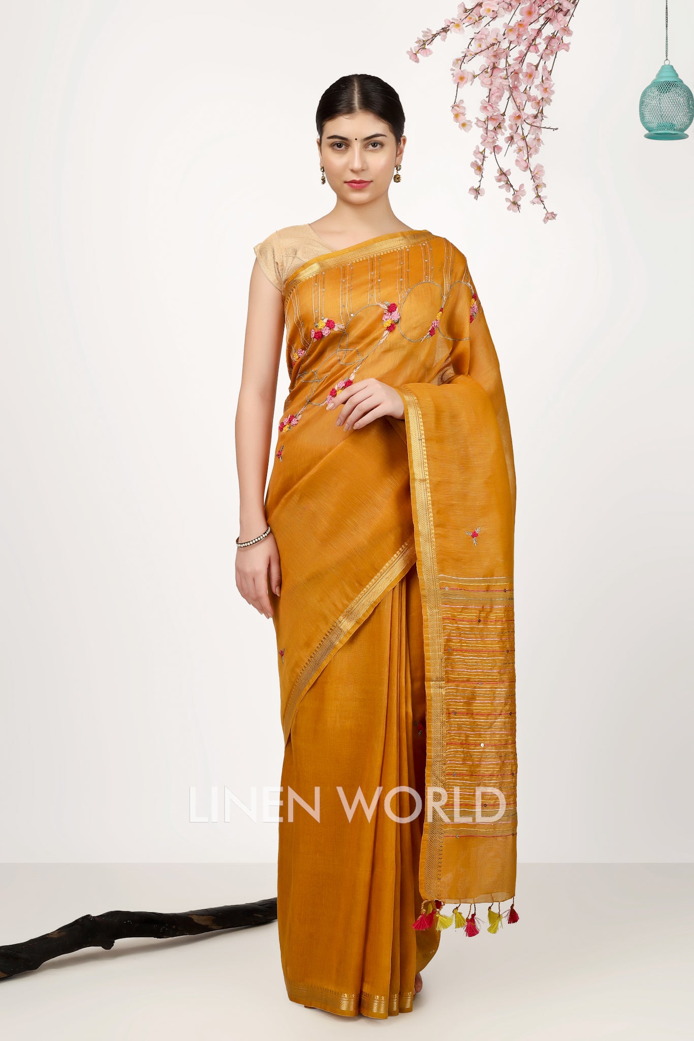 nida - french knot dull orange silk linen sari - linenworldonline.in
