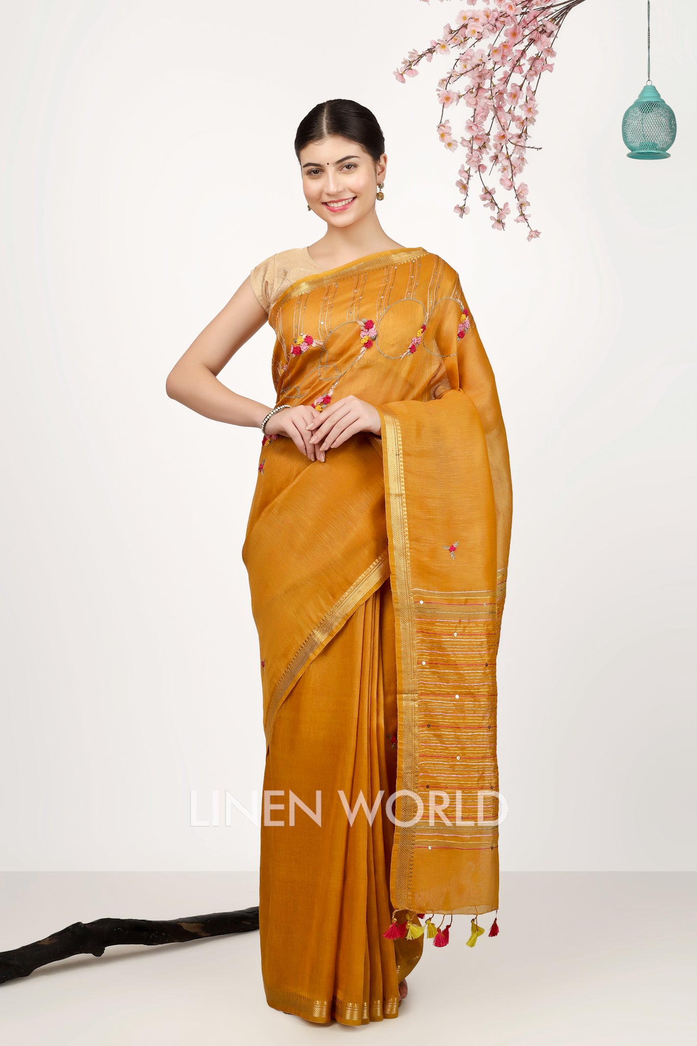 nida - french knot dull orange silk linen sari - linenworldonline.in